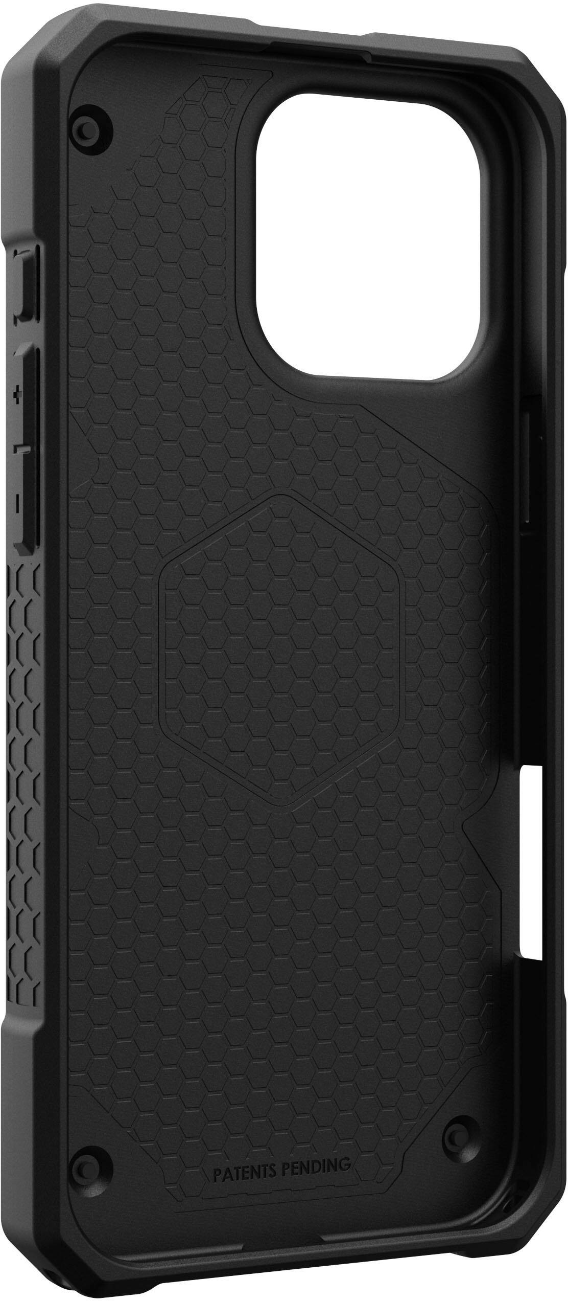 The image shows a black cell phone case with the text "PATENTS PENDING" on it.