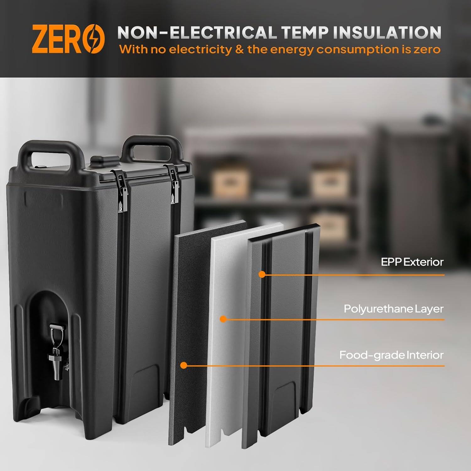 ZERO  
NON-ELECTRICAL TEMP INSULATION  
With no electricity & the energy consumption is zero  

EPP Exterior  
Polyurethane Layer  
Food-grade Interior