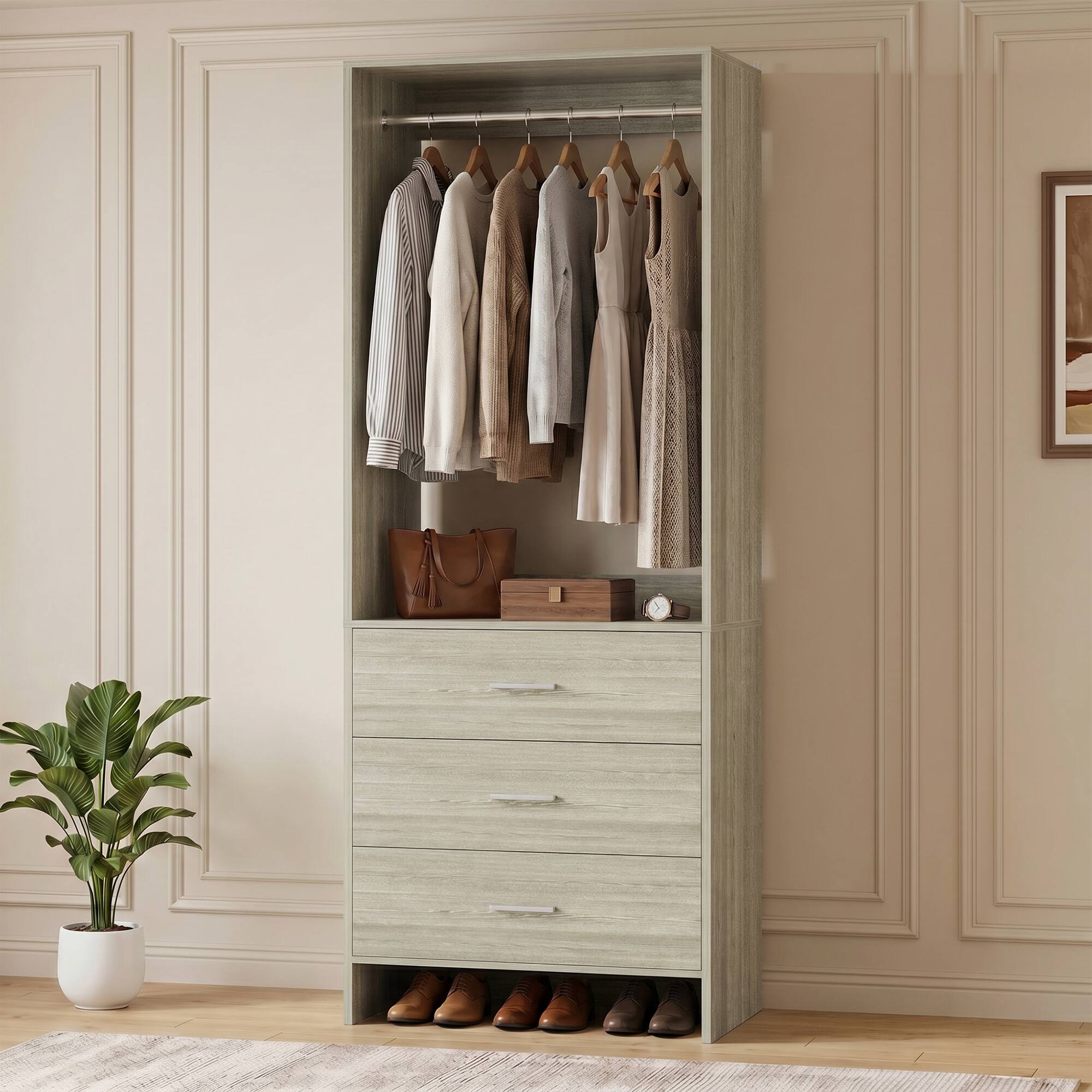 Front. Aheaplus - 2FT Closet System with 3 Drawers and Hanging Rod, Small Freestanding Closet Organizer for Bedroom, Closet - Beige Oak.
