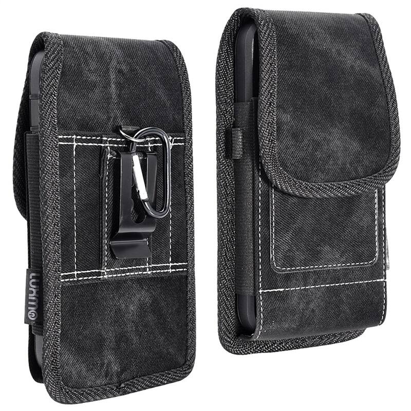 Front. LUXMO - LUXMO Large Horizontal Universal Phone Pouch with Dual Card Slots - Black Denim Fabric - Black.
