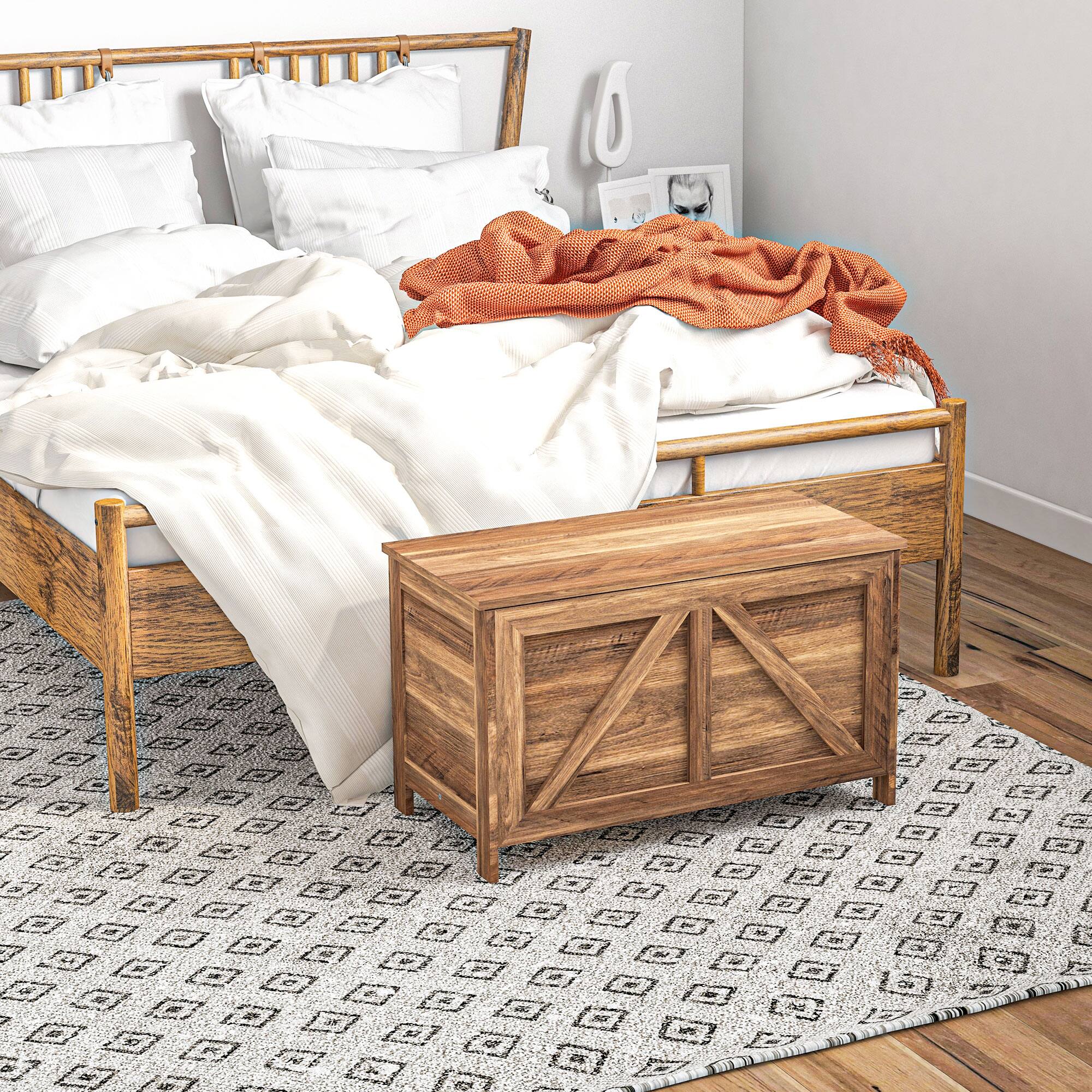 Alt View 8. Homcom - 30" Farmhouse Storage Bench, Lift Top Chest, Safety Hinge, Wooden Trunk, Oak - Brown.