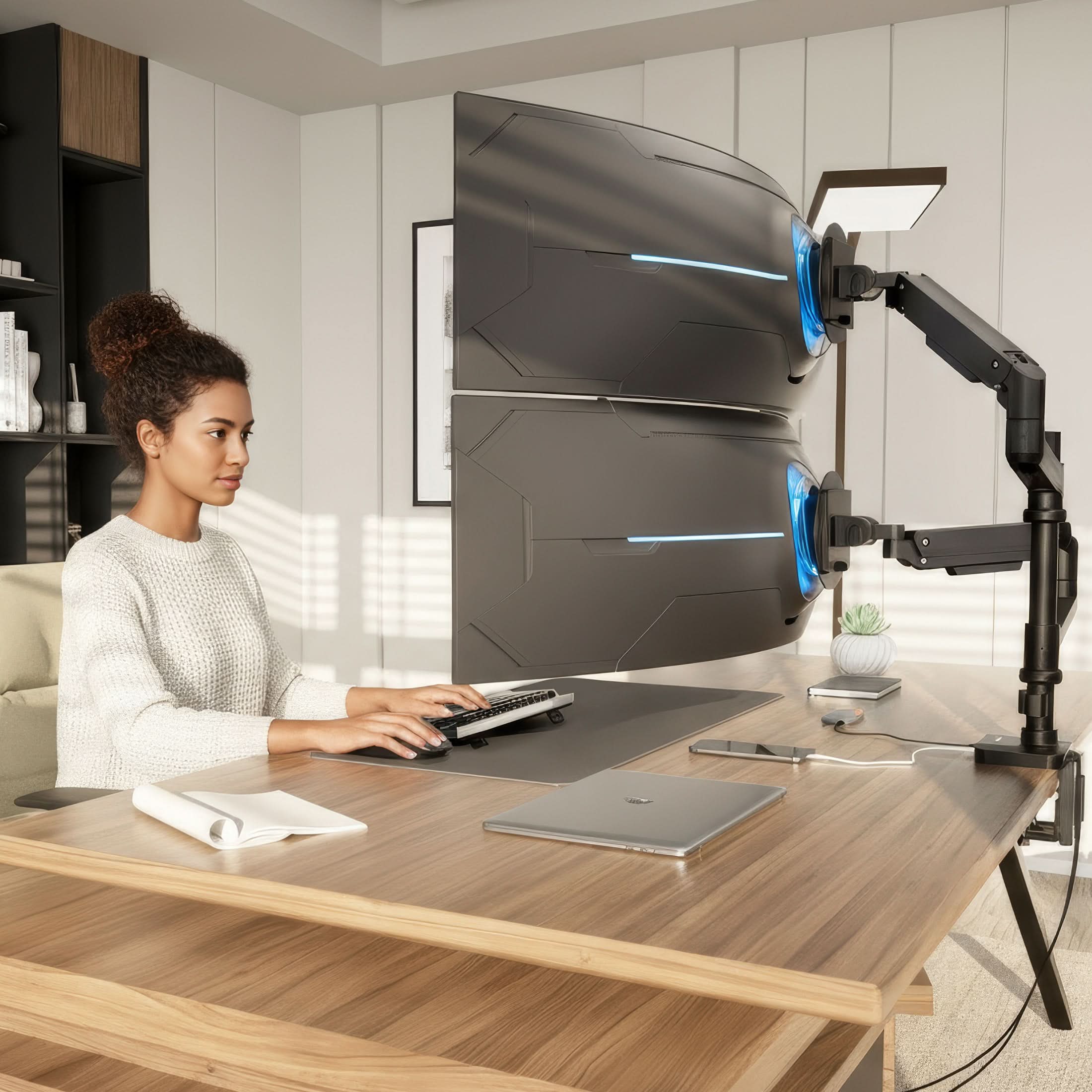 Alt View 8. Mount-It! - Heavy‑Duty Dual Stacking Monitor Mount with Pole for Monitors up to 49”, Black - Black.