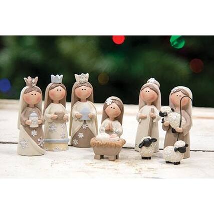 Front. BreeBe - 9/Set Cream & White Resin Nativity - Cream & White.