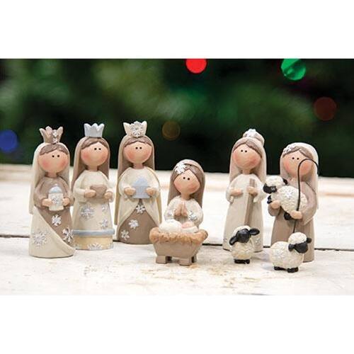 Front. BreeBe - 9/Set Cream & White Resin Nativity - Cream & White.