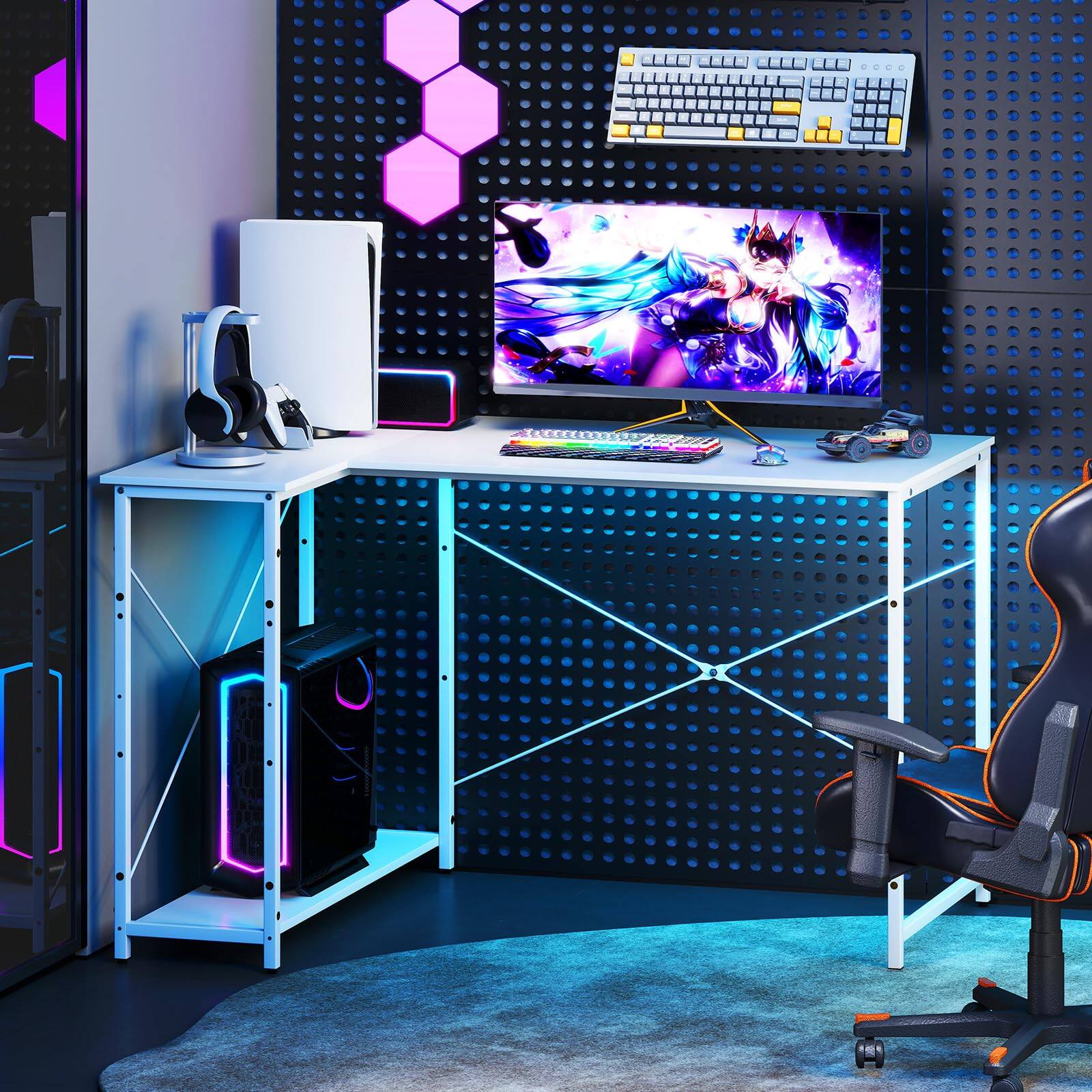 Alt View 7. Ecooso - 47" Reversible L-Shaped Corner Desk with Adjustable Storage Shelves, Home Office - White.