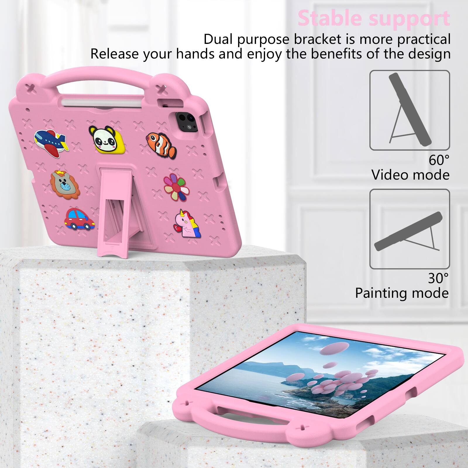 Stable support  
Dual purpose bracket is more practical  
Release your hands and enjoy the benefits of the design  

60° Video mode  
30° Painting mode