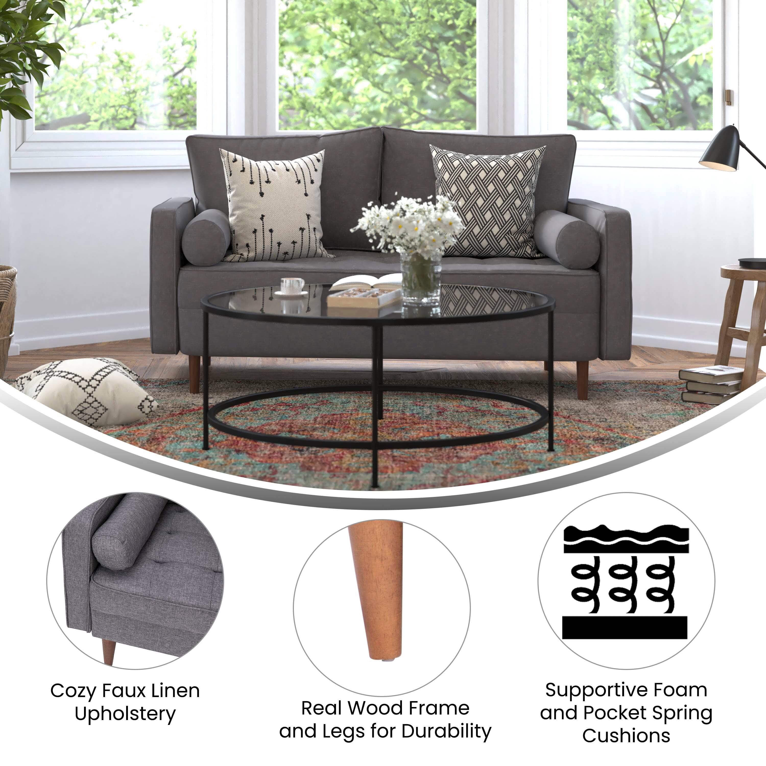 Cozy Faux Linen Upholstery  
Supportive Foam and Pocket Spring Cushions  
Real Wood Frame and Legs for Durability