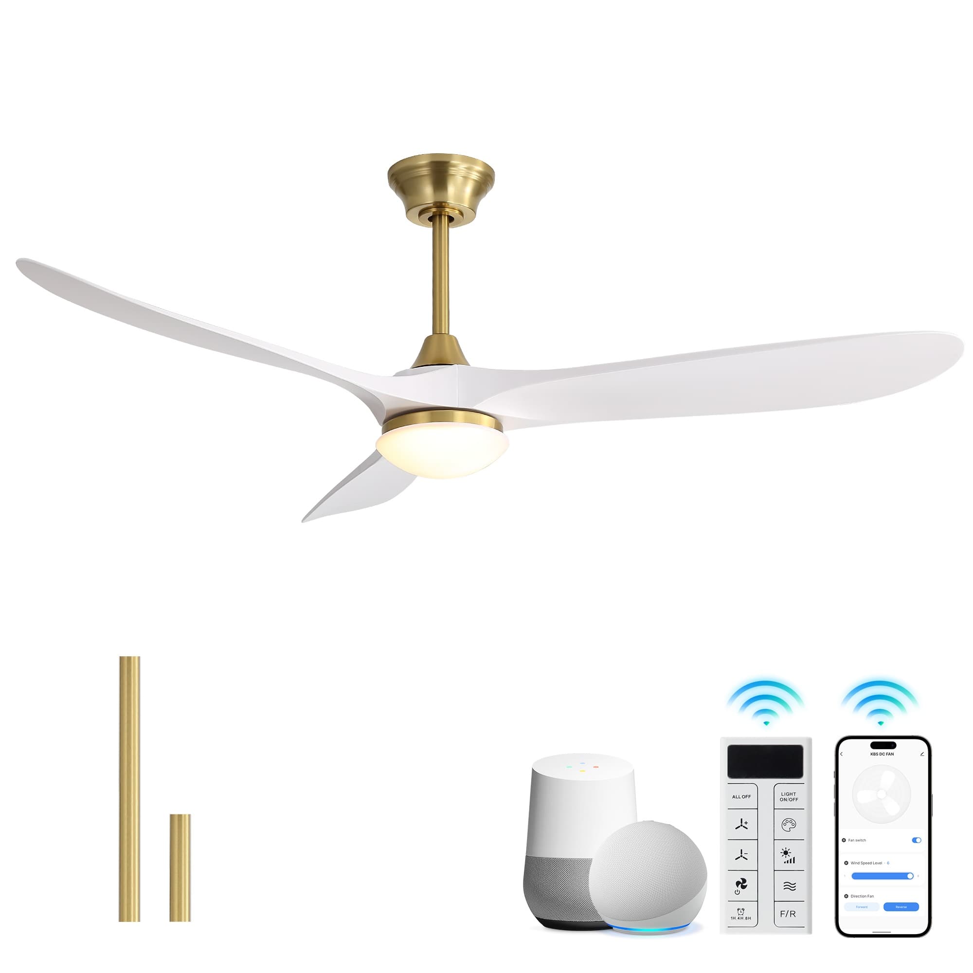 Sofucor - 60'' Outdoor Ceiling Fan with Integrated LED Light & Remote Dimmable 3CCT 6 Speed DC Motor for Patio Bedroom Living Room - Gold-White