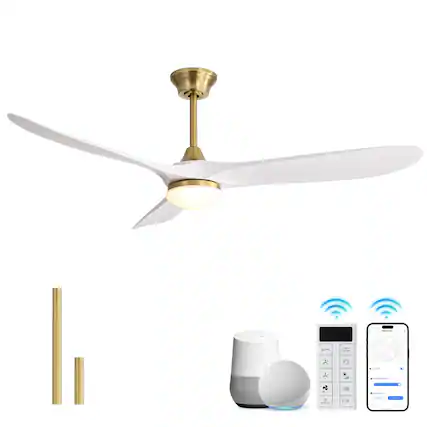 Front. Sofucor - 60'' Outdoor Ceiling Fan with Integrated LED Light & Remote Dimmable 3CCT 6 Speed DC Motor for Patio Bedroom Living Room - Gold-White.
