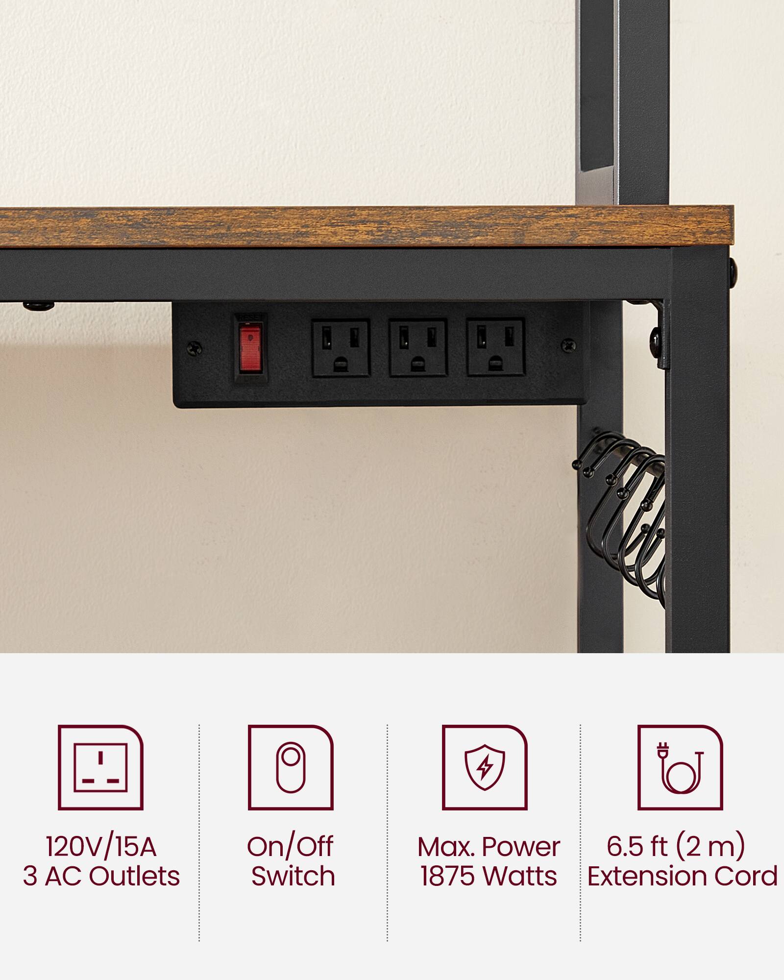 120V/15A 3 AC Outlets  
On/Off Switch  
Max. Power 1875 Watts  
6.5 ft (2 m) Extension Cord