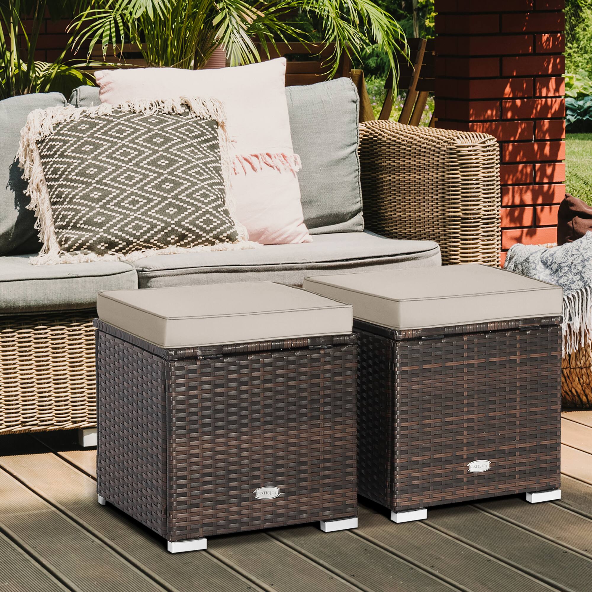 Alt View 2. Gymax - Gymax 2PCS Outdoor Patio Ottomans Hand-Woven PE Wicker Footstools w/ Removable Cushions Beige - Beige.