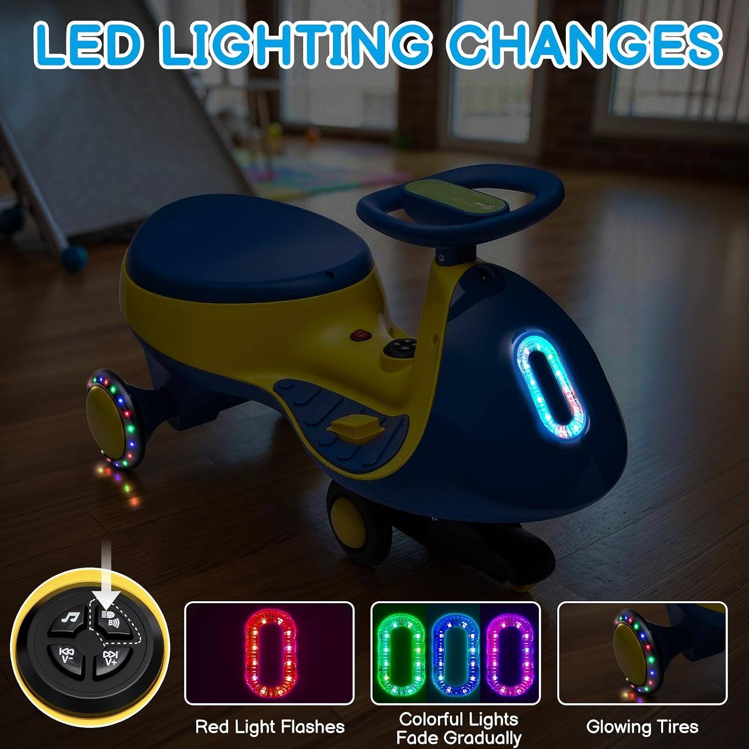 LED LIGHTING CHANGES

- Red Light Flashes
- Colorful Lights Fade Gradually
- Glowing Tires