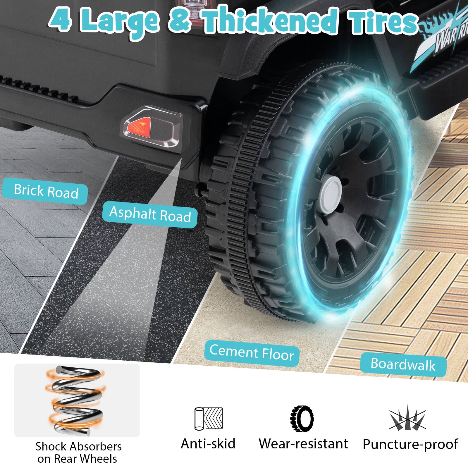 4 Large & Thickened Tires

- Brick Road
- Asphalt Road
- Cement Floor
- Boardwalk

- Shock Absorbers on Rear Wheels
- Anti-skid
- Wear-resistant
- Puncture-proof
