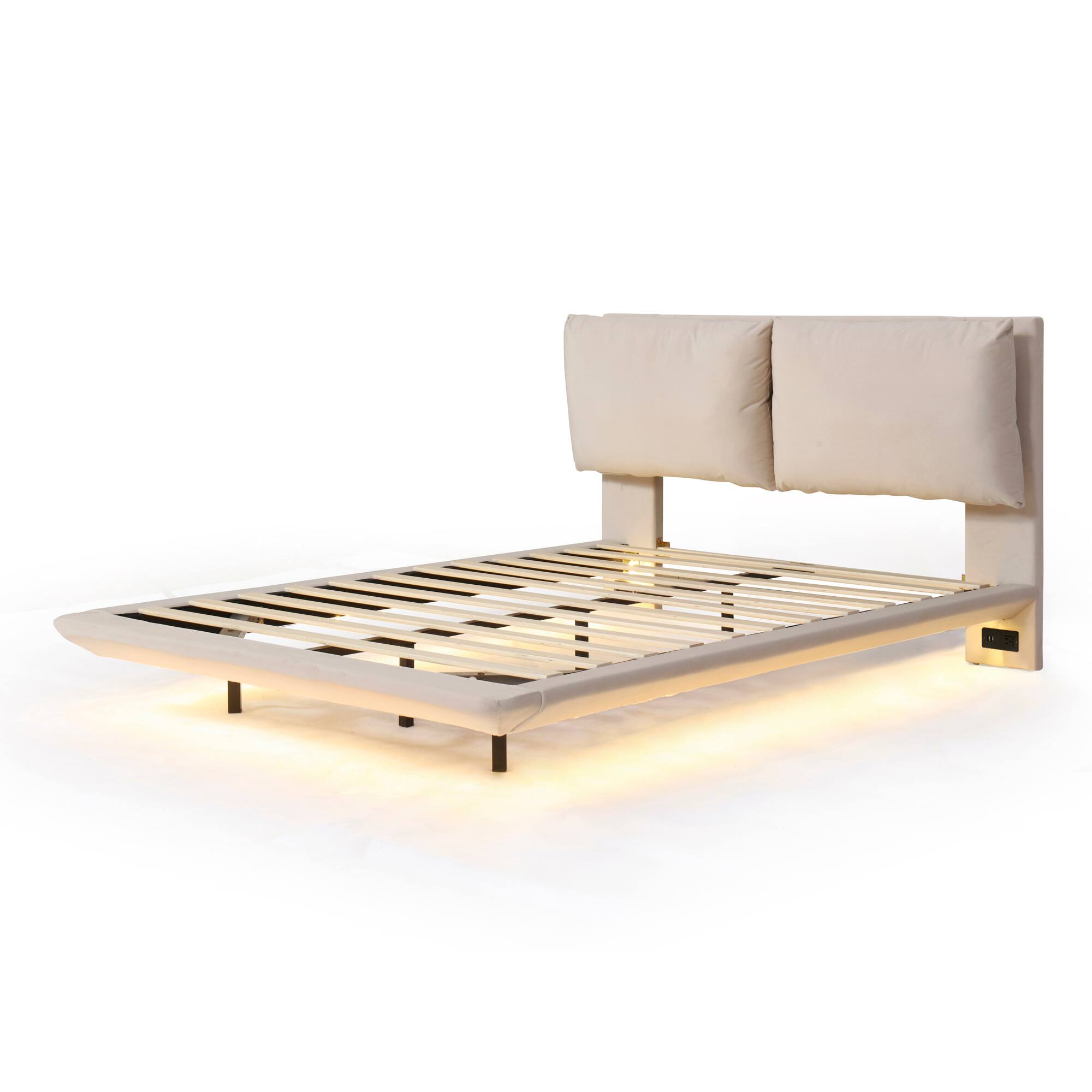 Alt View 1. Tiramisubest - Queen Size Upholstered Platform Bed with Sensor Light and 2 Large Backrests, 2 sets of USB Port and Socket - Beige.