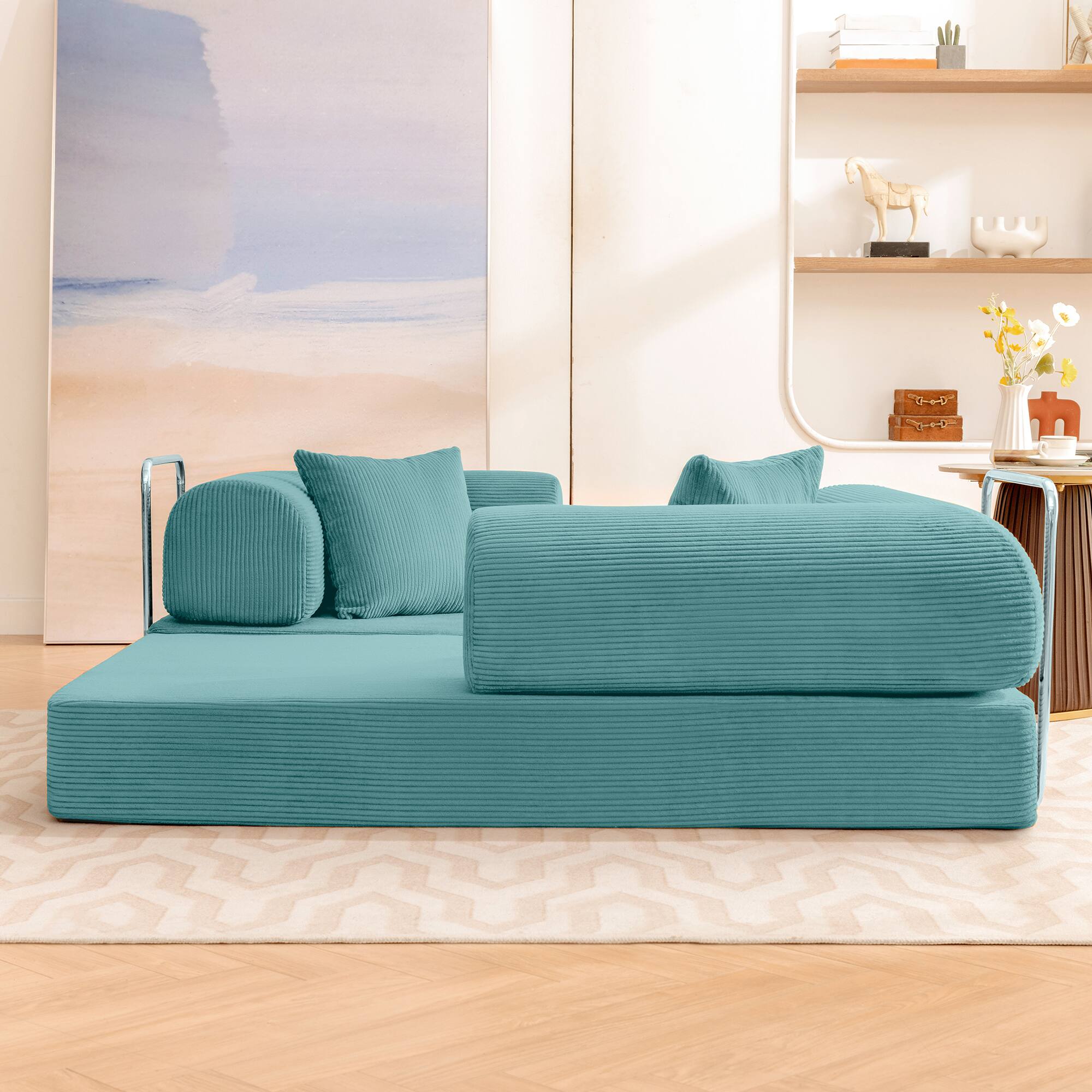 Left. KERDOM - 62'' Wide Corduroy Sleeper Sofa Bed, Convertible Loveseat Sofa With Pull-out Bed, Foldable Spliced Block Lounge Couch - Aqua Blue.