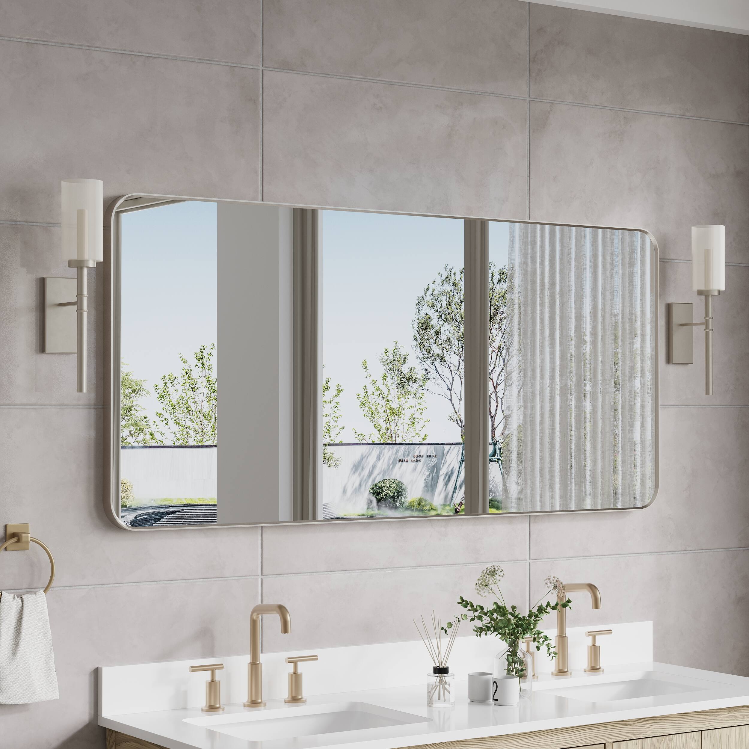 Left. WELLFOR - 60 in. W x 28 in. H Rectangular Aluminum Framed Wall Bathroom Vanity Mirror Large Decorative Mirror - Brushed Nickel.