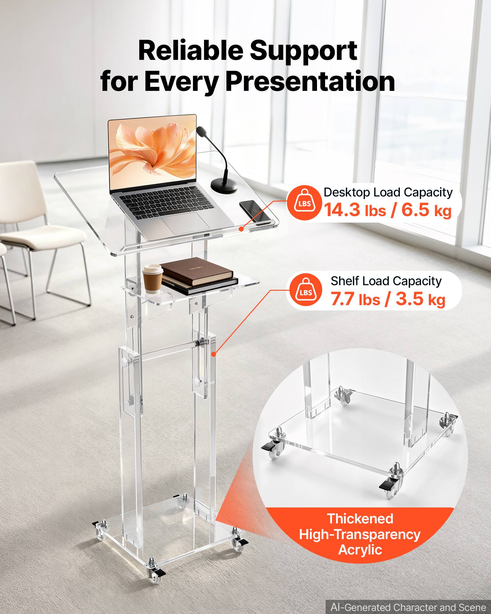 Reliable Support for Every Presentation

Desktop Load Capacity: 14.3 lbs / 6.5 kg

Shelf Load Capacity: 7.7 lbs / 3.5 kg

Thickened High-Transparency Acrylic

AI-Generated Character and Scene