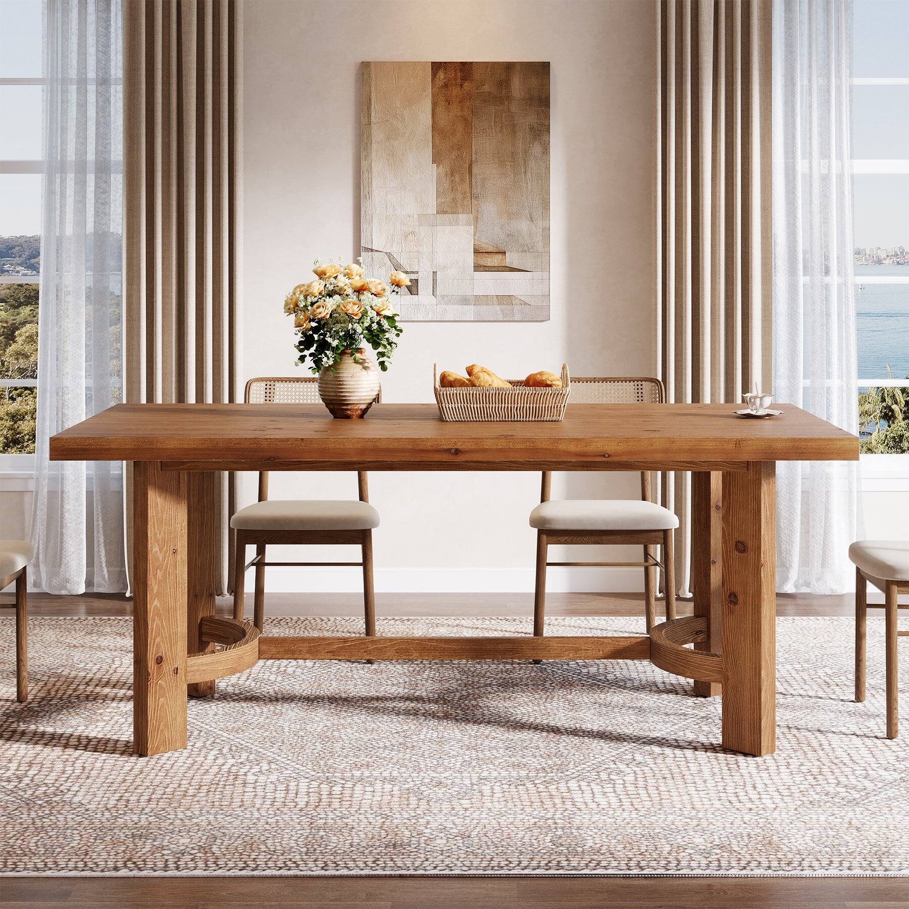 Back. Tribesigns - Farmhouse Solid Wood Dining Table with Wood Grain Finish and Rectangular Top for Dining Room and Kitchen - Brown.