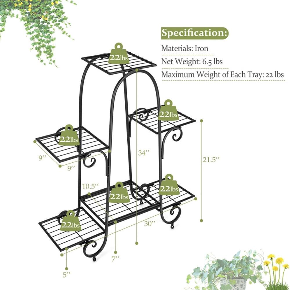 Specification:  
Materials: Iron  
Net Weight: 6.5 lbs  
Maximum Weight of Each Tray: 22 lbs  

Dimensions:  
- Height: 34"  
- Width: 21.5"  
- Depth: 10.5"  
- Tray Size: 9" x 9"  
- Overall Width: 30"  
- Overall Depth: 7"  
- Overall Height: 5"