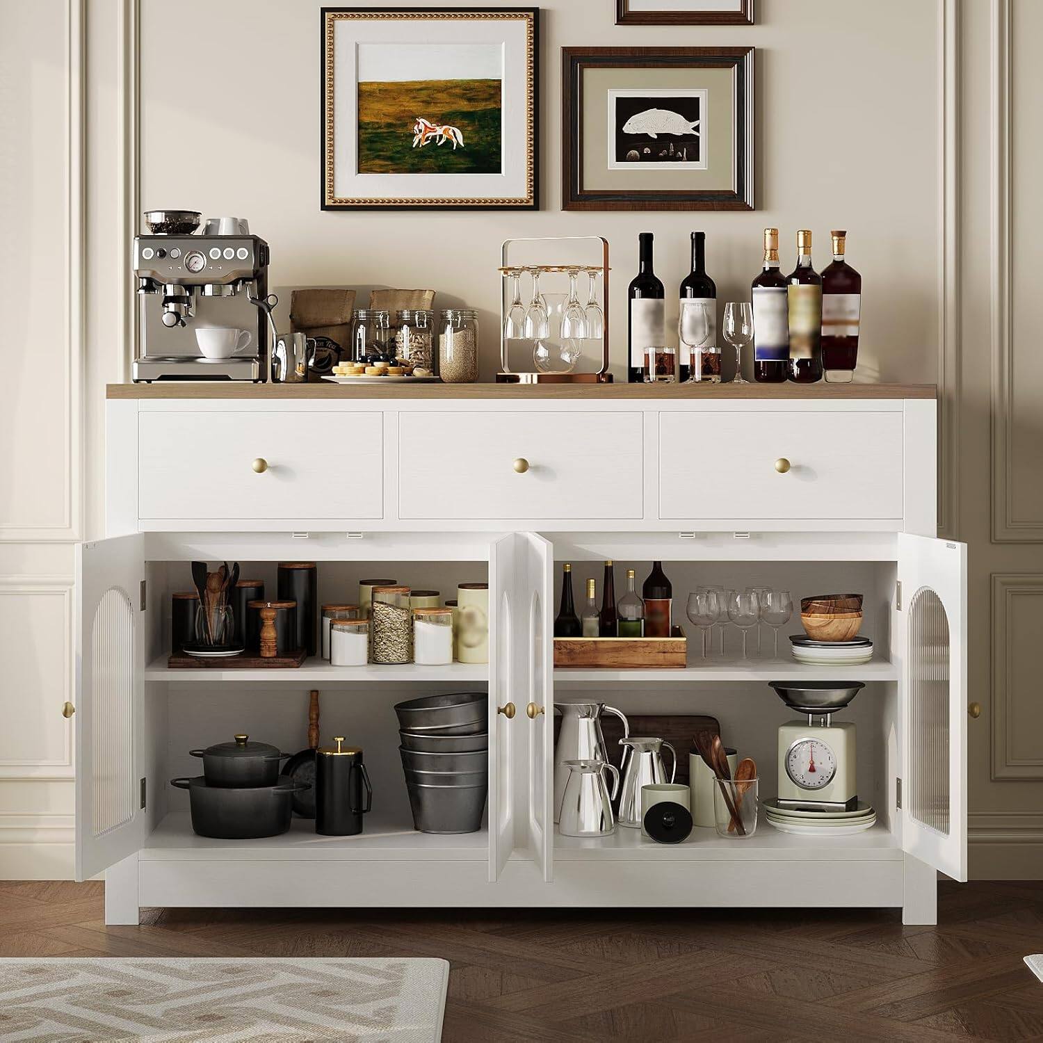 Alt View 5. Jojoka - Farmhouse Large Buffet Sideboard Cabinet with Four Doors Three Drawers Adjustable Shelves and Fluted Acrylic Doors White - White.