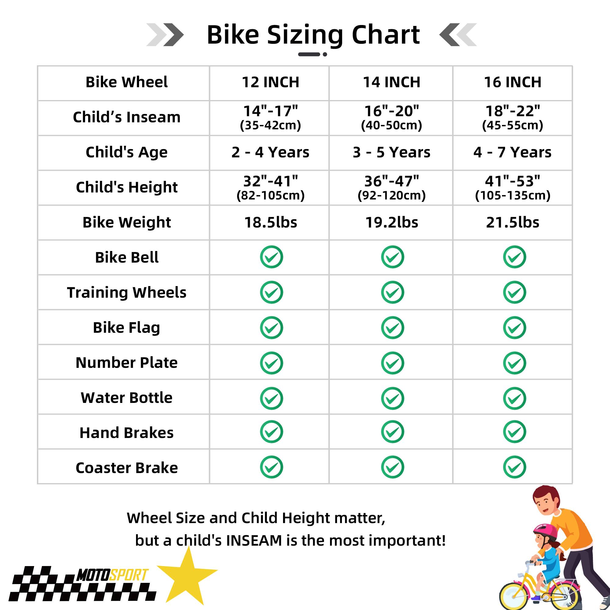 Bike Sizing Chart

Bike Wheel | 12 INCH | 14 INCH | 16 INCH
--- | --- | --- | ---
Child's Inseam | 14"-17" (35-42cm) | 16"-20" (40-50cm) | 18"-22" (45-55cm)
Child's Age | 2 - 4 Years | 3 - 5 Years | 4 - 7 Years
Child's Height | 32"-41" (82-105cm) | 36"-47" (92-120cm) | 41"-53" (105-135cm)
Bike Weight | 18.5lbs | 19.2lbs | 21.5lbs

Bike Bell | ✔️ | ✔️ | ✔️
Training Wheels | ✔️ | ✔️ | ✔️
Bike Flag | ✔️ | ✔️ | ✔️
Number Plate | ✔️ | ✔️ | ✔️
Water Bottle | ✔️ | ✔️ | ✔️
Hand