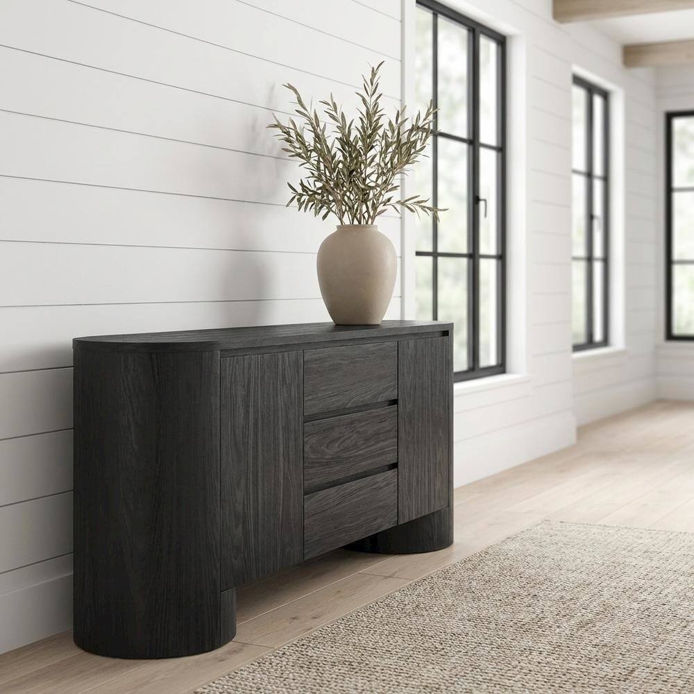 Angle. FurniFact - Rounded Sideboard Storage Cabinet In Classic Finish With Spacious Shelving - Black.