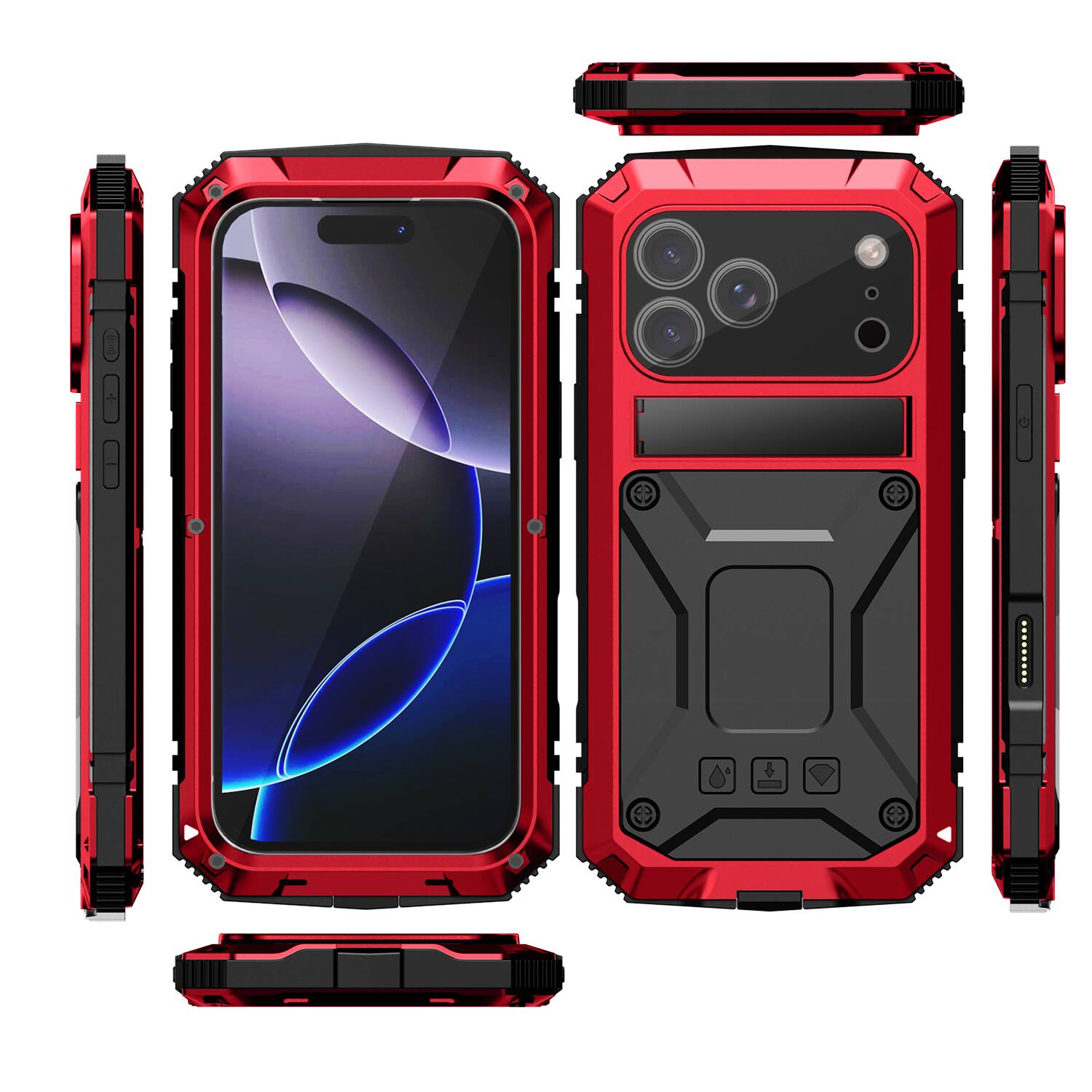 Alt View 6. Dteck - For iPhone 17 Pro Max Case Outdoor Sports Kickstand Rugged Heavy Duty Full Body Cover with Built in Screen Protector - Red.