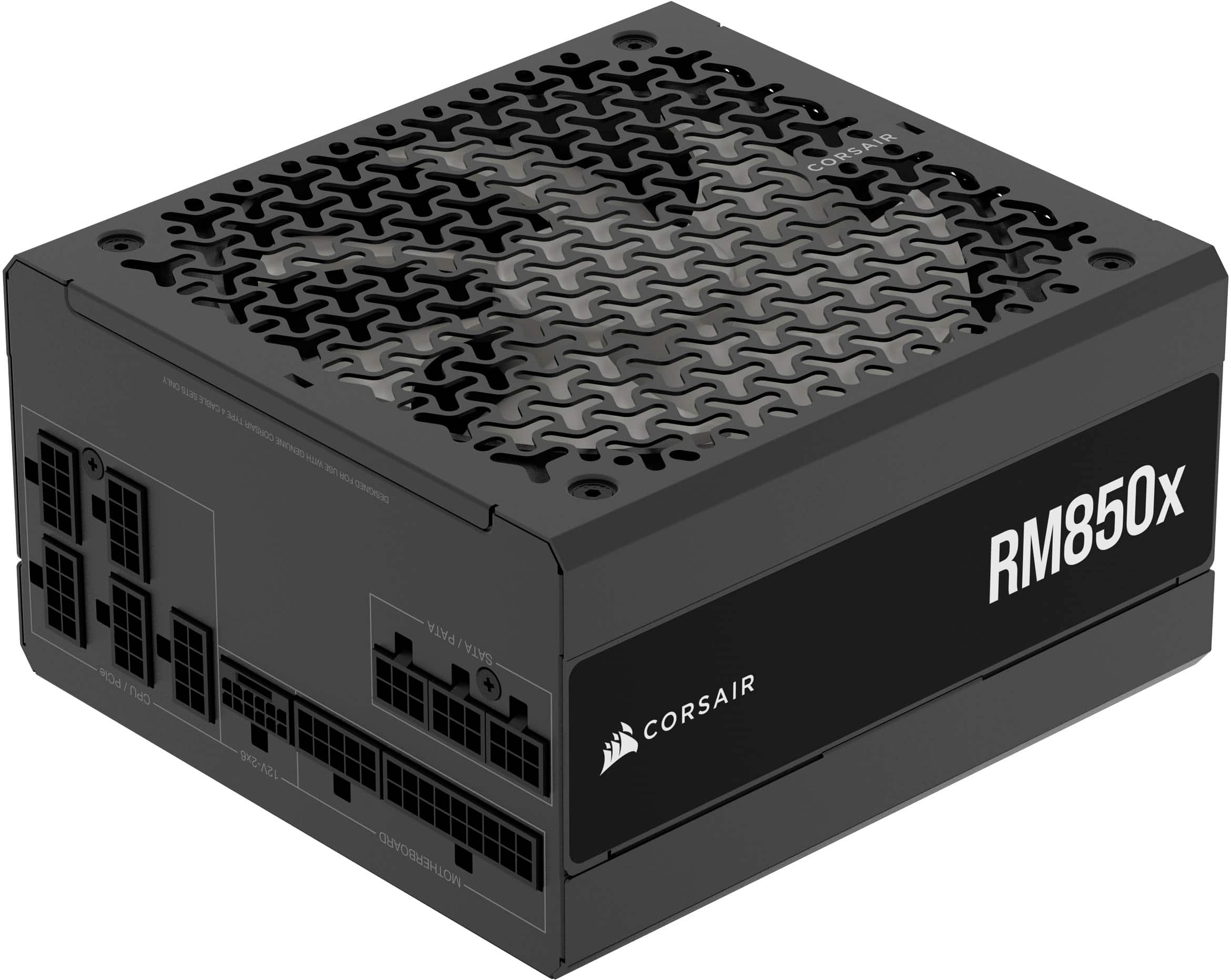 Corsair RM850x is a black and silver computer power supply unit. It is designed to provide power to a motherboard and its components, including SATA/PATA drives and PCIe slots. The unit has a 12V output and is capable of delivering up to 850 watts of power. The Corsair RM850x is a reliable and high-quality power supply for a wide range of computer systems.