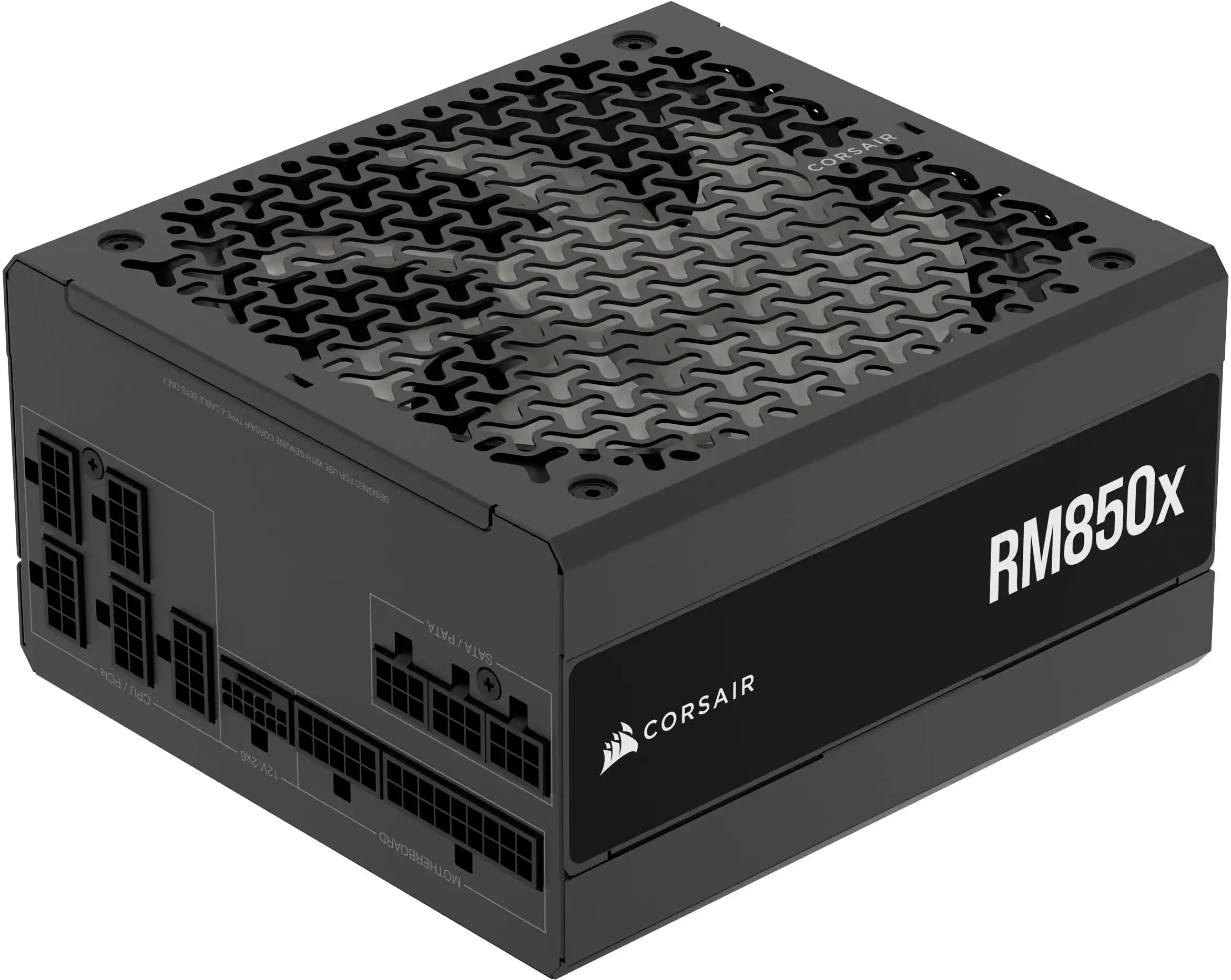 Corsair RM850x is a black and silver computer power supply unit. It is designed to provide power to a motherboard and its components, including SATA/PATA drives and PCIe slots. The unit has a 12V output and is capable of delivering up to 850 watts of power. The Corsair RM850x is a reliable and high-quality power supply for a wide range of computer systems.
