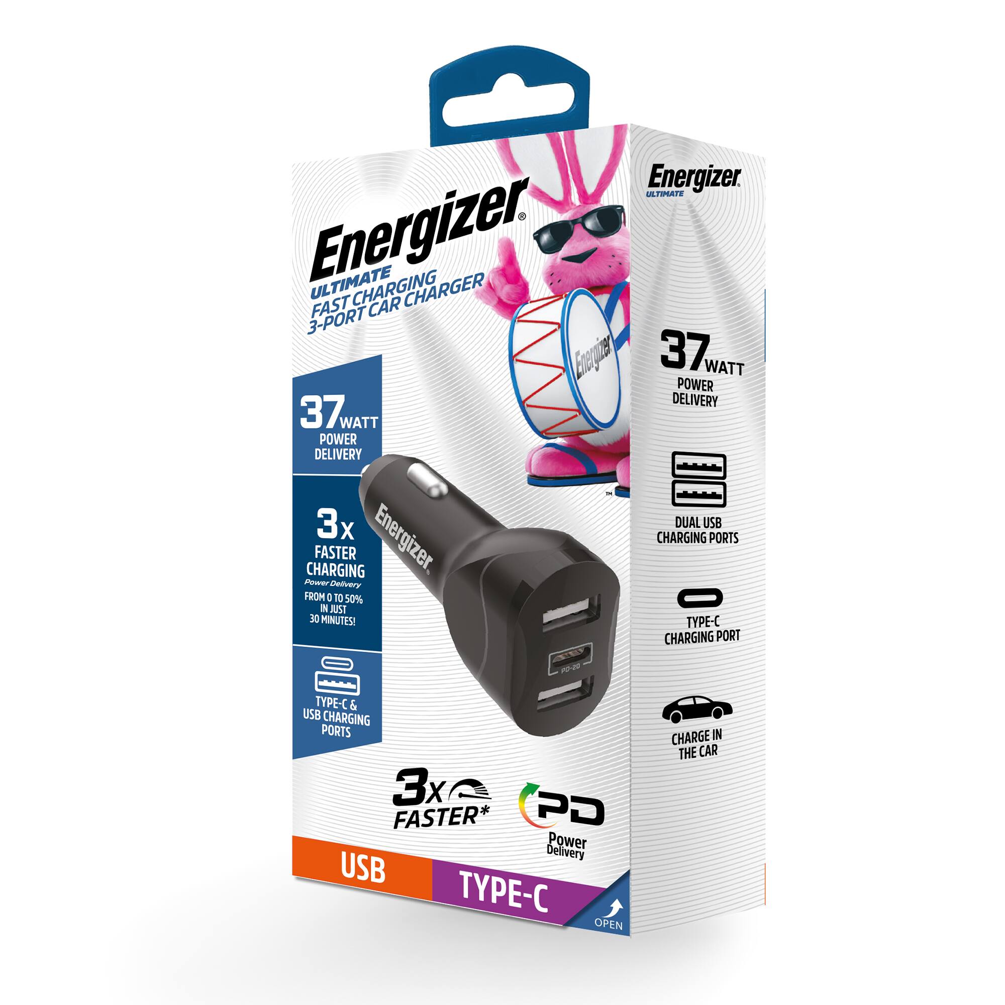 Energizer Ultimate Fast Charging 3-Port Car Charger

37 Watt Power Delivery

3x Faster Charging
Power from 0% to 50% in just 30 minutes!

Type-C & USB Charging Ports

3x Dual USB Charging Ports

Type-C Charging Port

Charge in the Car

PD Power Delivery

USB Type-C Open Charge in the Car