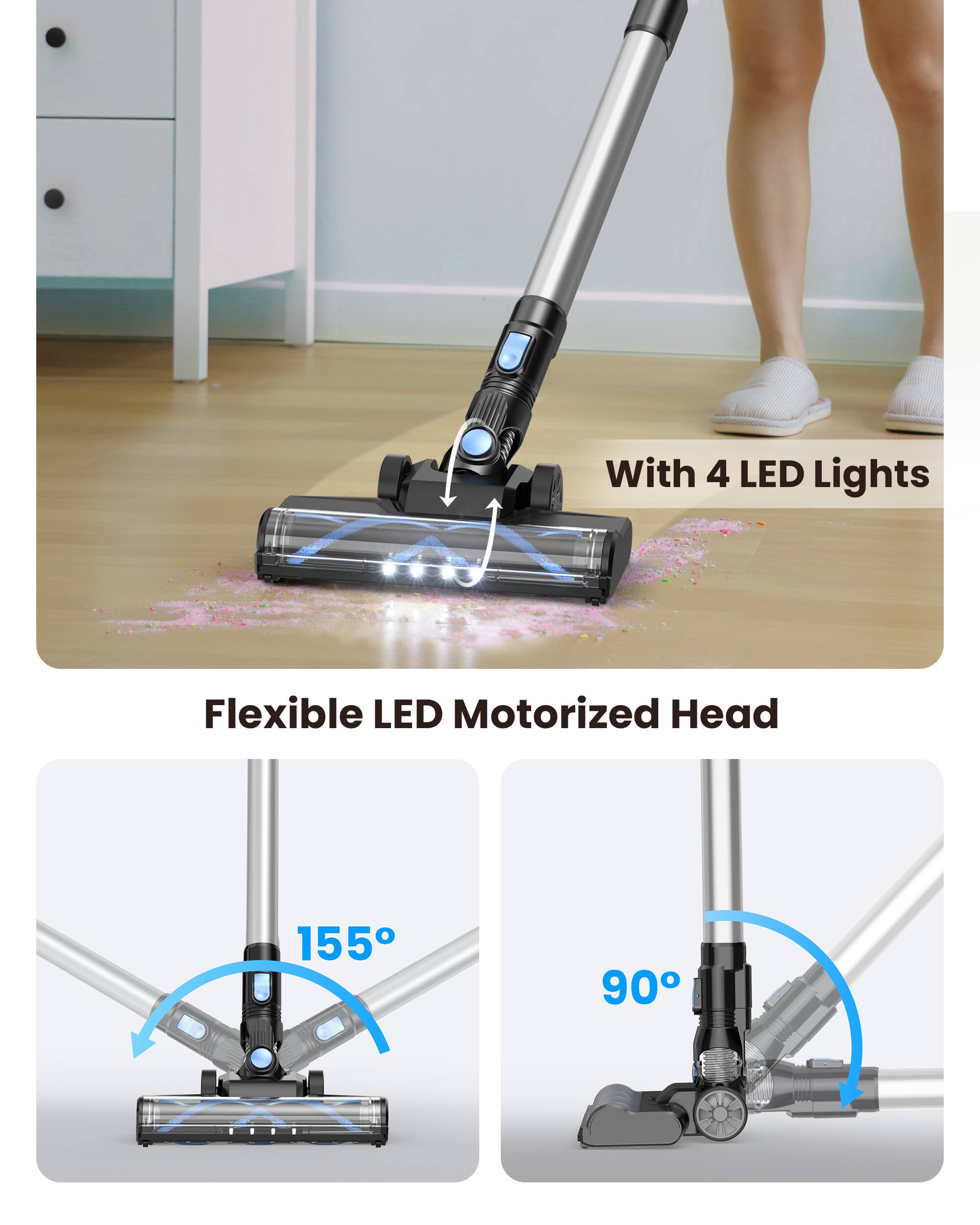 With 4 LED Lights  
Flexible LED Motorized Head  
155°  
90°