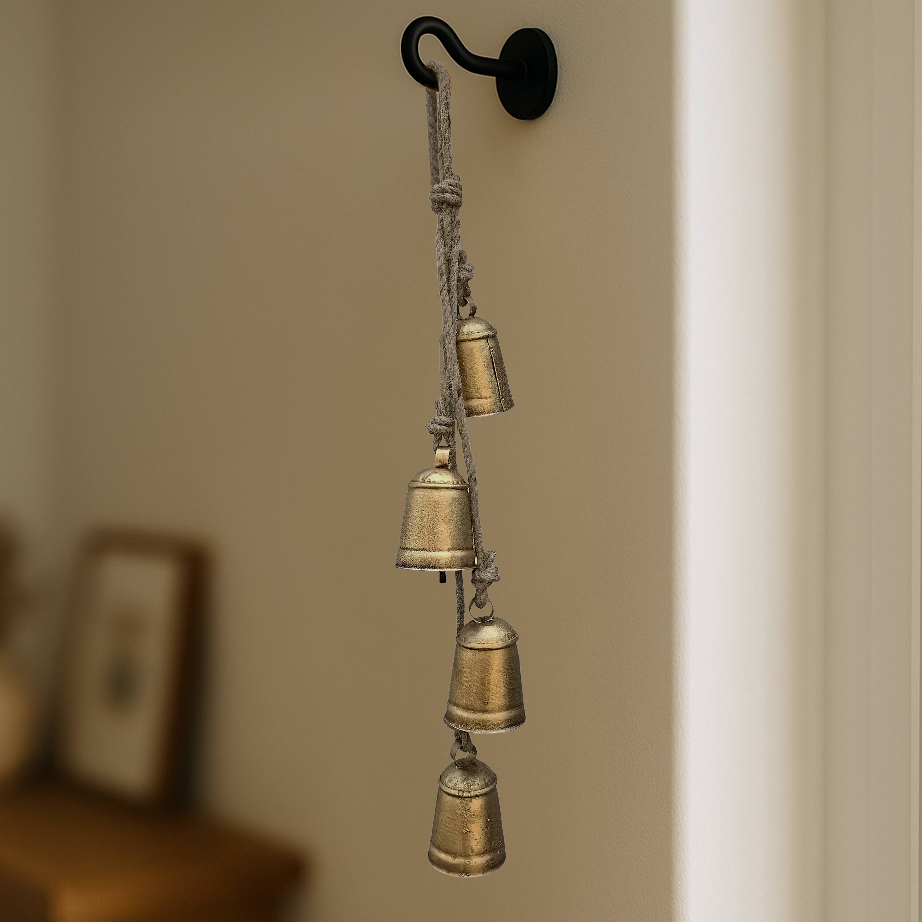 Alt View 8. Manhattan Lane - Zema Rustic Iron Hanging Bells Wall Decor, Cylindrical Cowbell on 28 Inch Jute Rope - Gold.