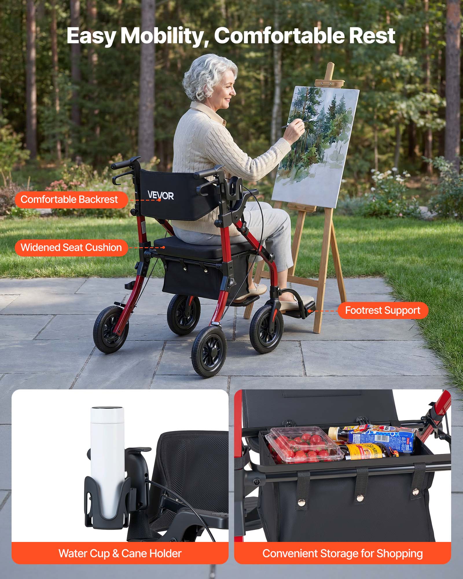 Easy Mobility, Comfortable Rest  
Comfortable Backrest  
Widened Seat Cushion  
Footrest Support  
Water Cup & Cane Holder  
Convenient Storage for Shopping