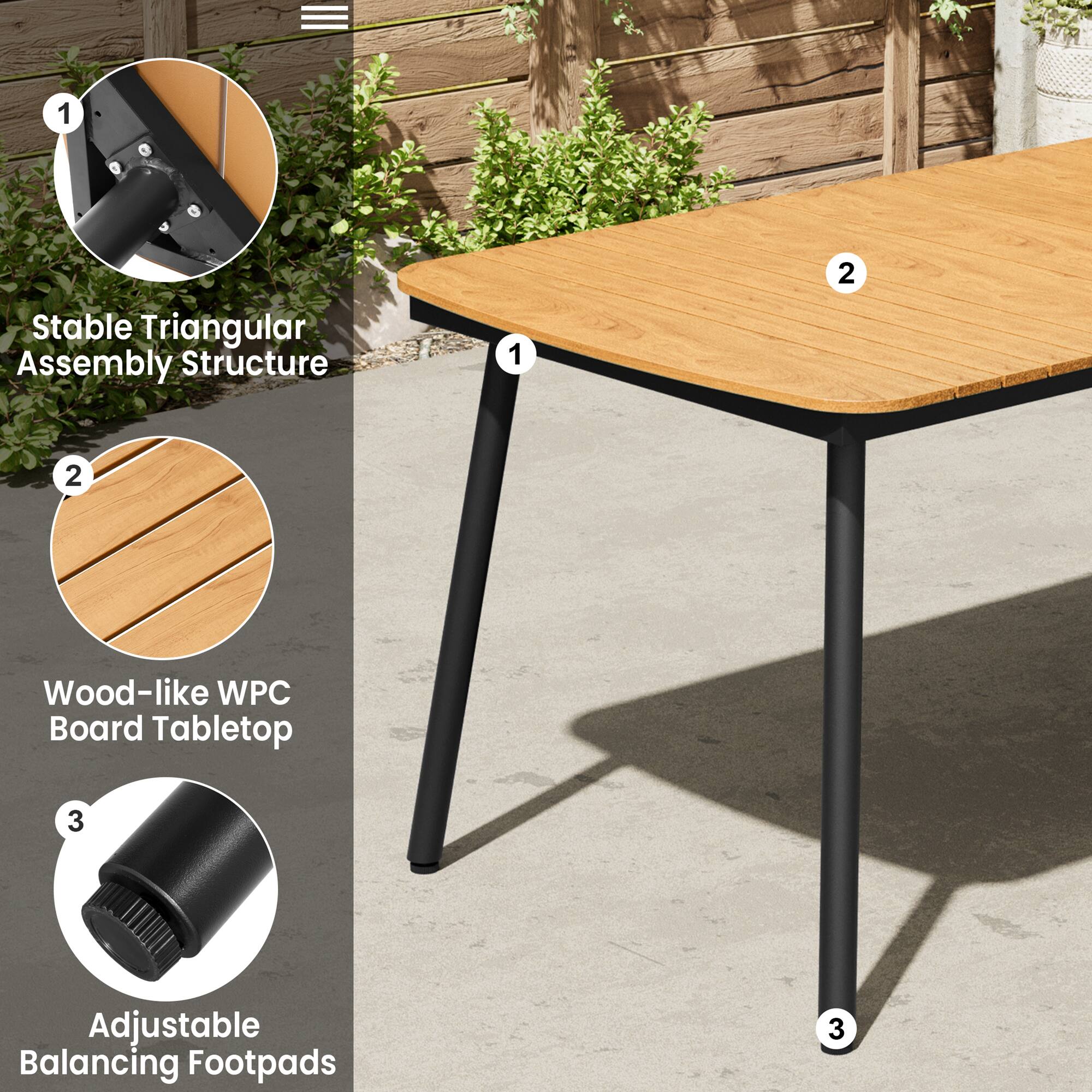 1. Stable Triangular Assembly Structure  
2. Wood-like WPC Board Tabletop  
3. Adjustable Balancing Footpads