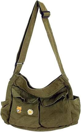 Front. Vulpecula Spade - Canvas Messenger Bag Large Hobo Crossbody Bags with Multiple Pockets - Army Green.