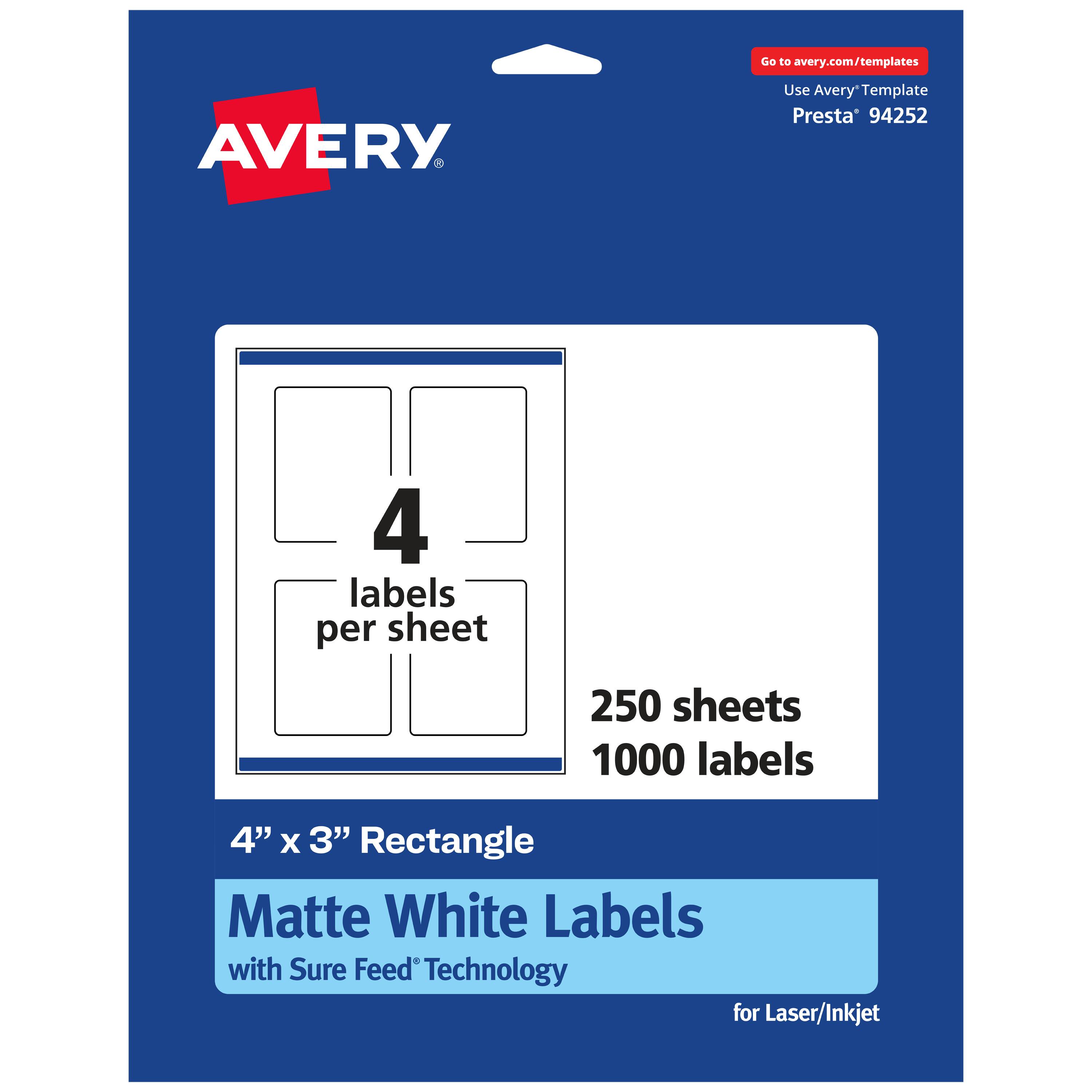 Go to avery.com/templates  
AVERY  
Use Avery™ Template Presta® 94252  
4 labels per sheet  
250 sheets  
1000 labels  
4" x 3" Rectangle Matte White Labels with Sure Feed® Technology for Laser/Inkjet