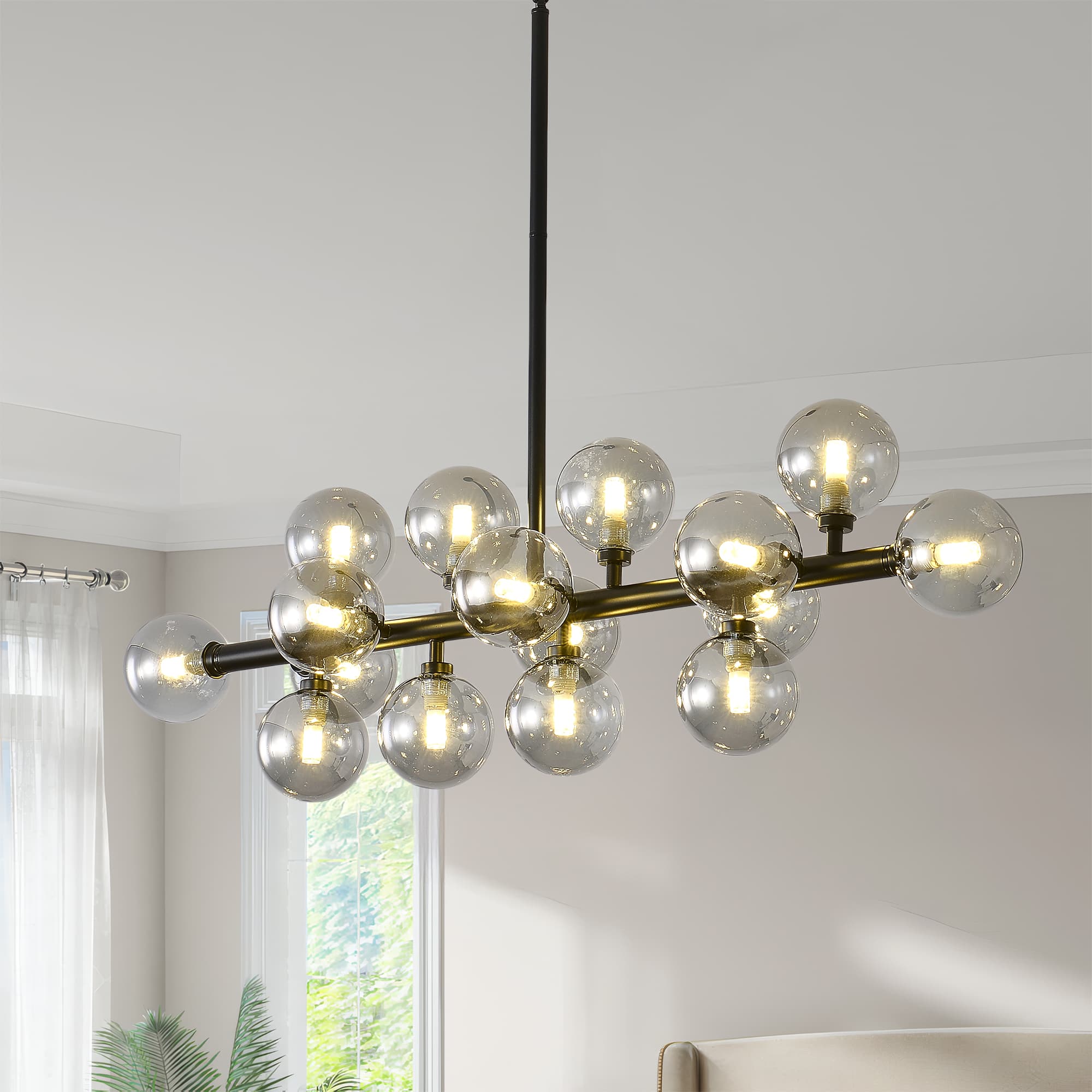 Front. RYHNUYNE - 16-Light Sputnik Chandelier 37.4 Inch Industrial Pendant Light with Gray Glass Globes Dimmable.