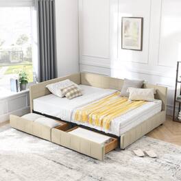 Anysun - Full Size Velvet Tufted Storage Bed Frame - Sofa Bed with Backrest & Armrests for Bedroom or Living Room - Beige