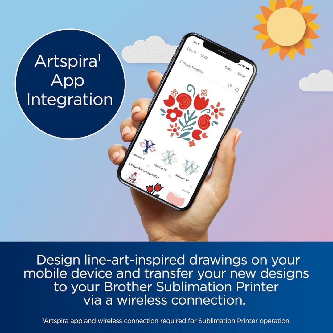 Artspira App Integration

Design line-art-inspired drawings on your mobile device and transfer your new designs to your Brother Sublimation Printer via a wireless connection. Artspira app and wireless connection required for Sublimation Printer operation.