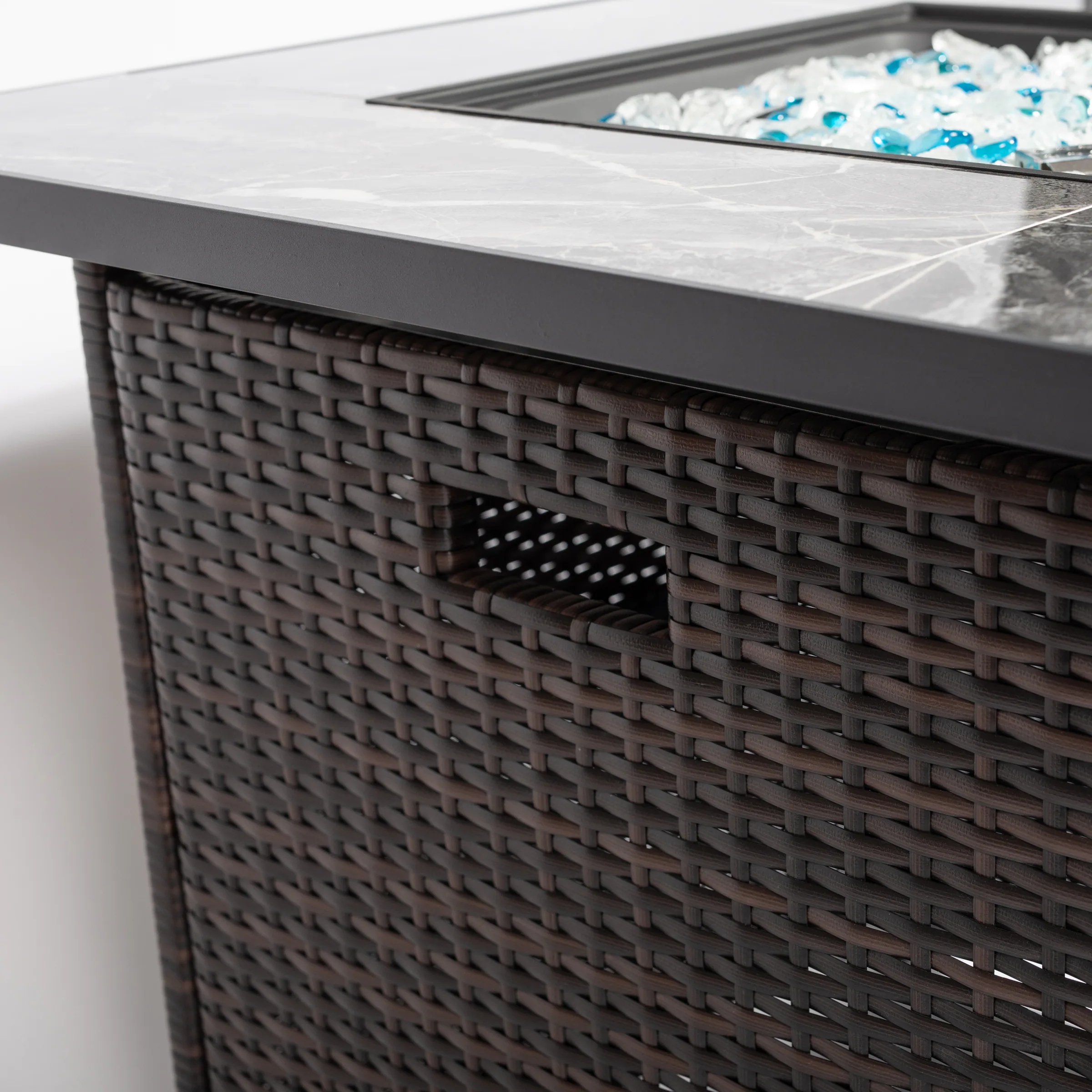 Back. Lirago - 30" Outdoor Fire Pit Table Square Propane Fire Pit 50000 BTU Table Top Fire Pit with Tile Tabletop and Wicker Base - Brown.