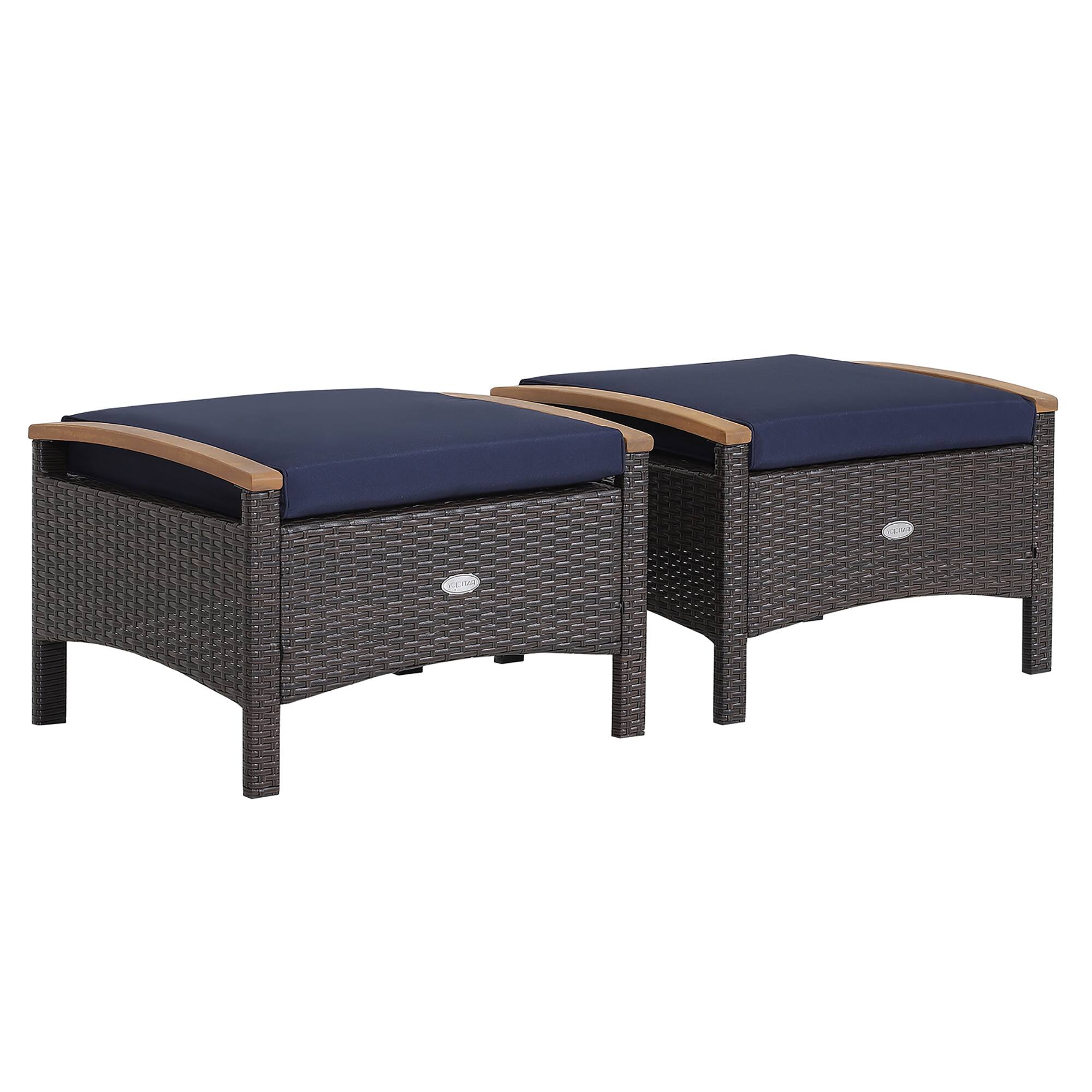 Alt View 7. Gymax - Gymax 2PCS Patio Ottomans Wooden Handles Rattan Knitting Foot Pedal Navy - Navy.