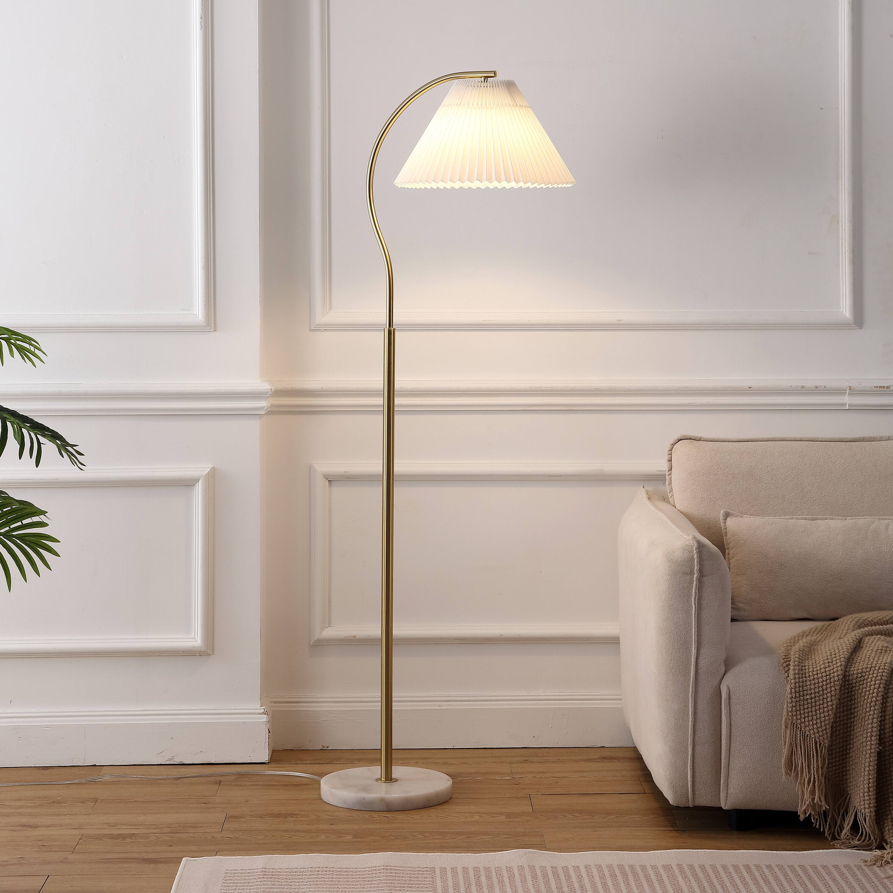 Alt View 1. Jonathan Y - Devon 60.5" Modern Glam Metal Arc LED Floor Lamp with Pleated Shade with Marble Base, Brass Gold/White - Brass Gold.