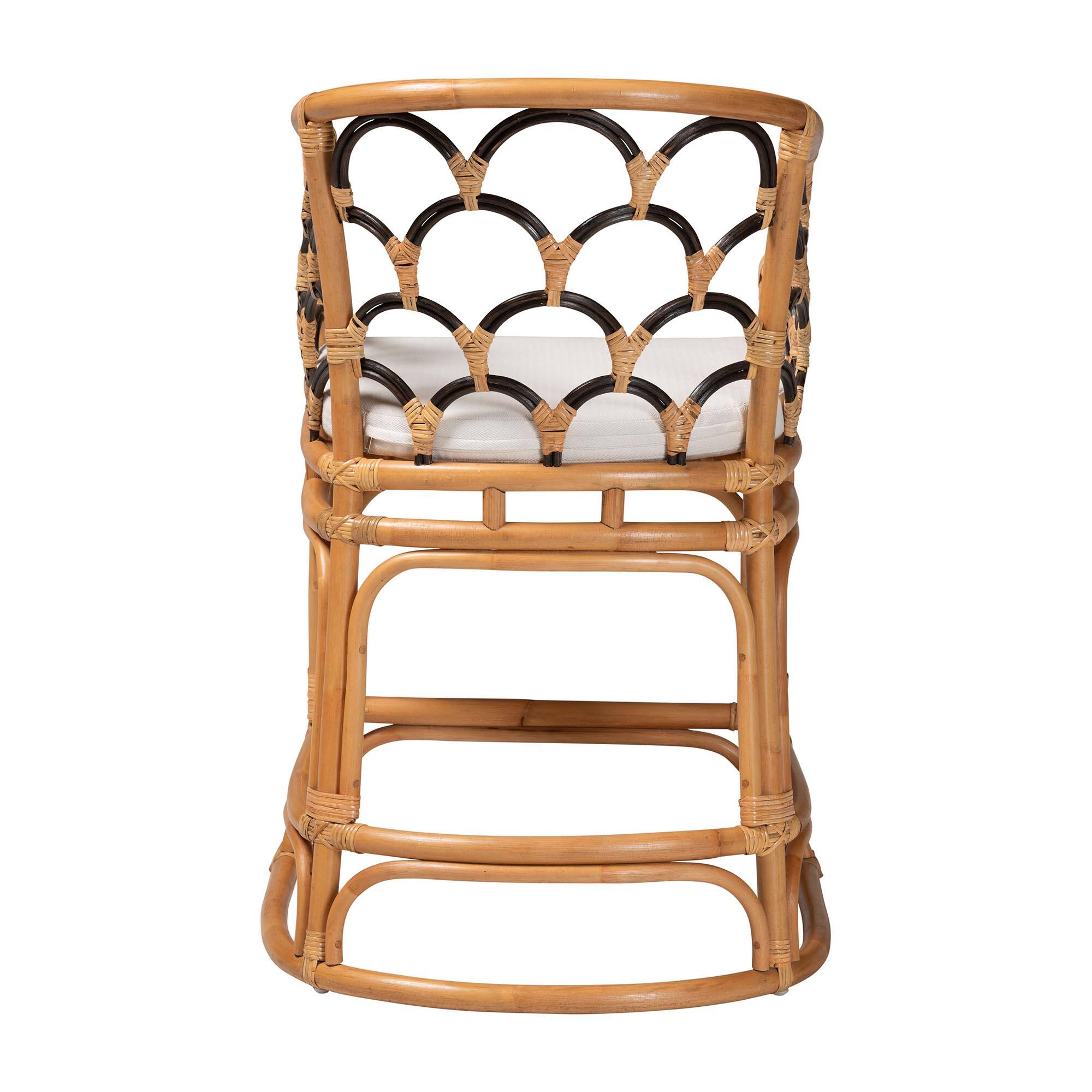 Back. bali & pari - Veneto Natural Rattan Counter Stool with Scalloped Back - Light Honey/Dark Brown.