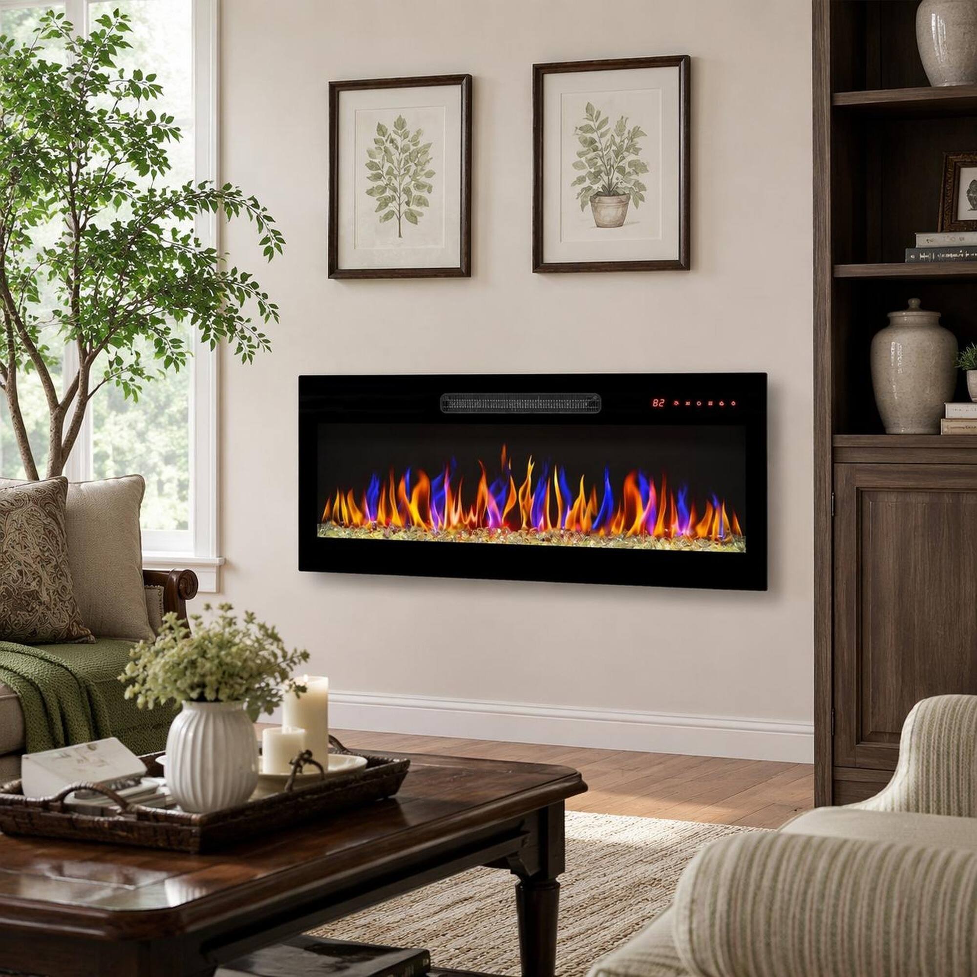 Angle. RYHNUYNE - 36 Inch Recessed Ultra Thin Tempered Glass Front Wall-Mounted Electric Fireplace with Remote - Antique Black.
