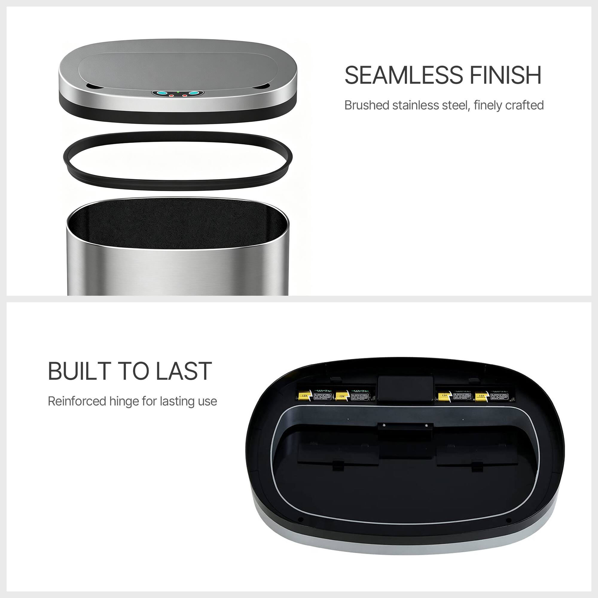 SEAMLESS FINISH  
Brushed stainless steel, finely crafted  

BUILT TO LAST  
Reinforced hinge for lasting use
