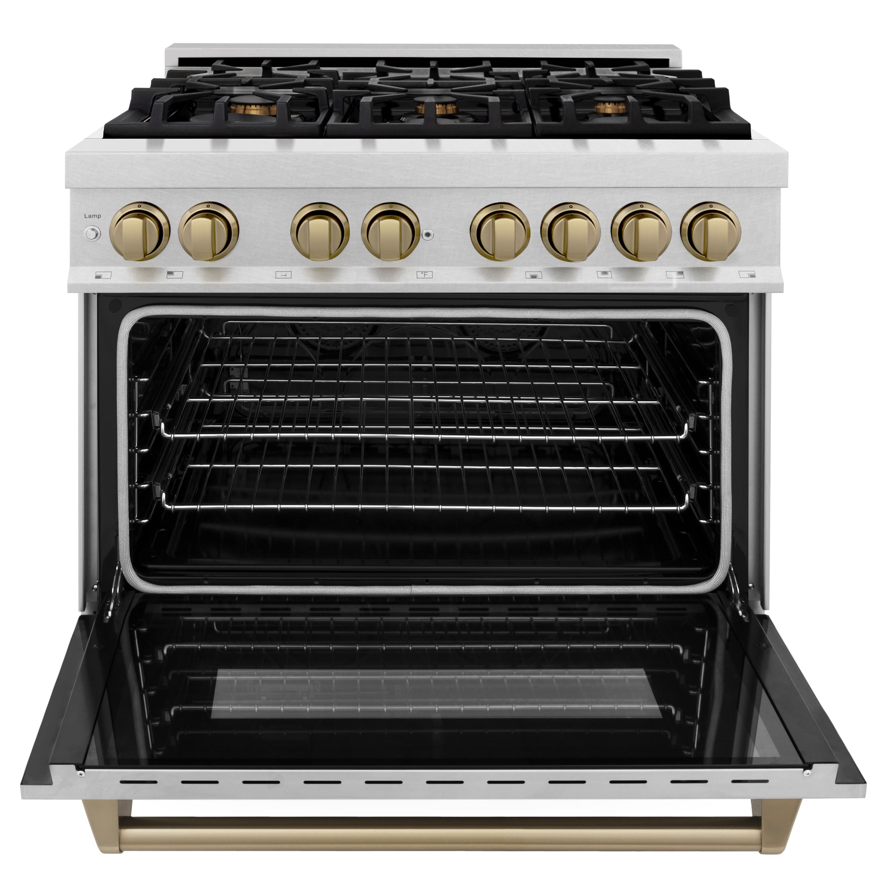 Left. ZLINE - ZLINE Autograph 36 in. Legacy Dual Fuel Range in Satin Steel & Bronze Accents (RASZ-SN-36-CB) - Stainless steel.
