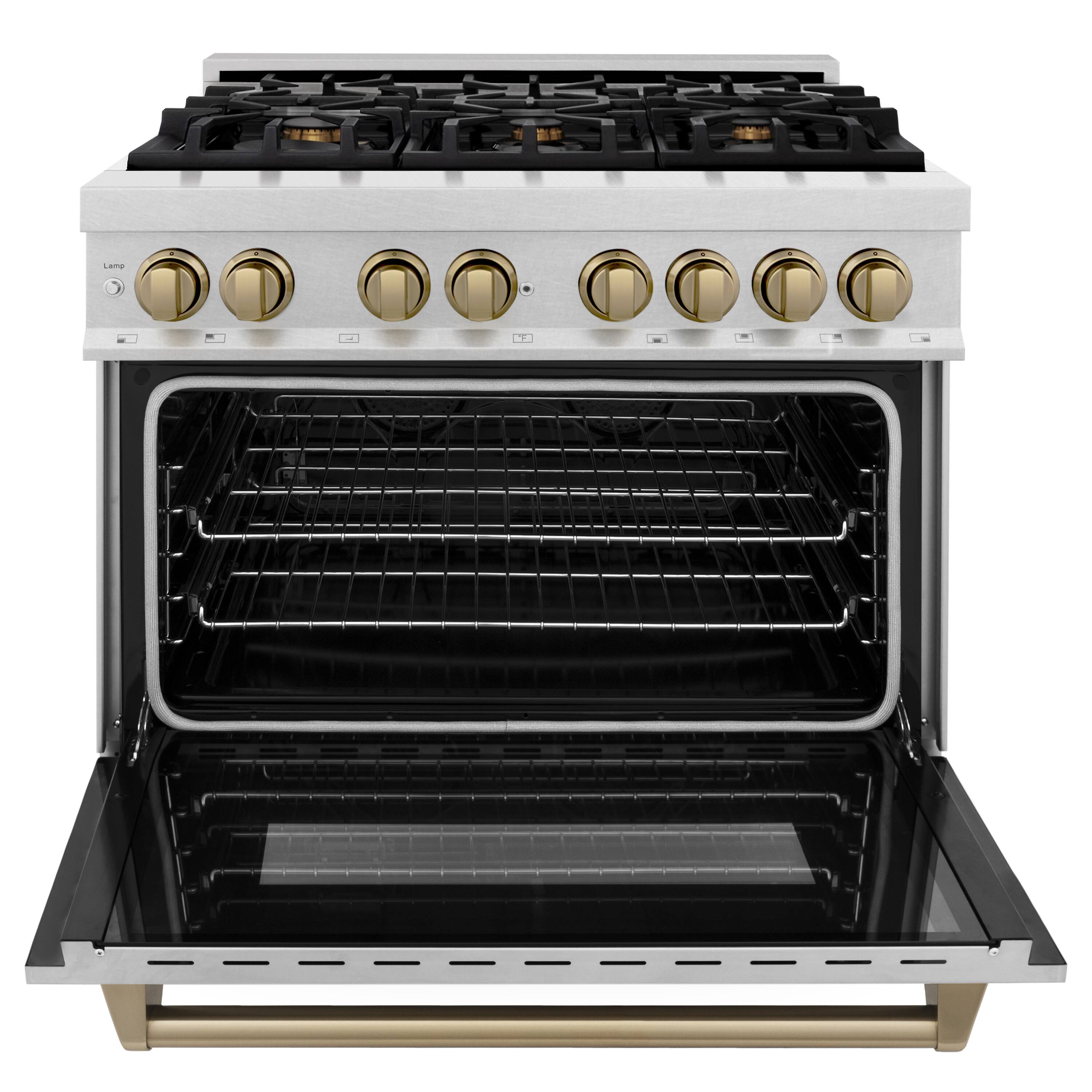 Left. ZLINE - ZLINE Autograph 36 in. Legacy Dual Fuel Range in Satin Steel & Bronze Accents (RASZ-SN-36-CB) - Stainless steel.