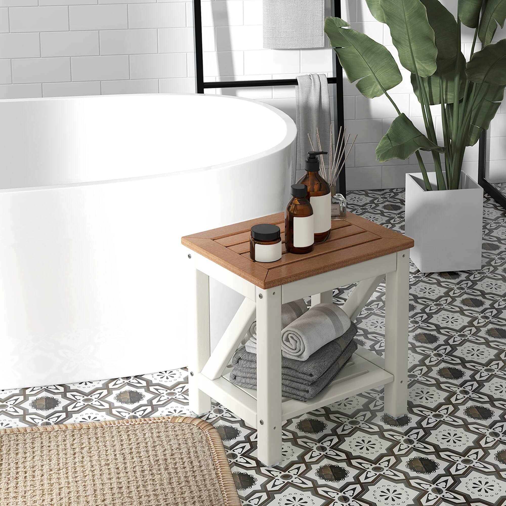 Alt View 3. Costway - Costway 2-Tier Heavy Duty Waterproof HDPE Shower Bench Stool with Bottom Storage Shelf - Brown + White.