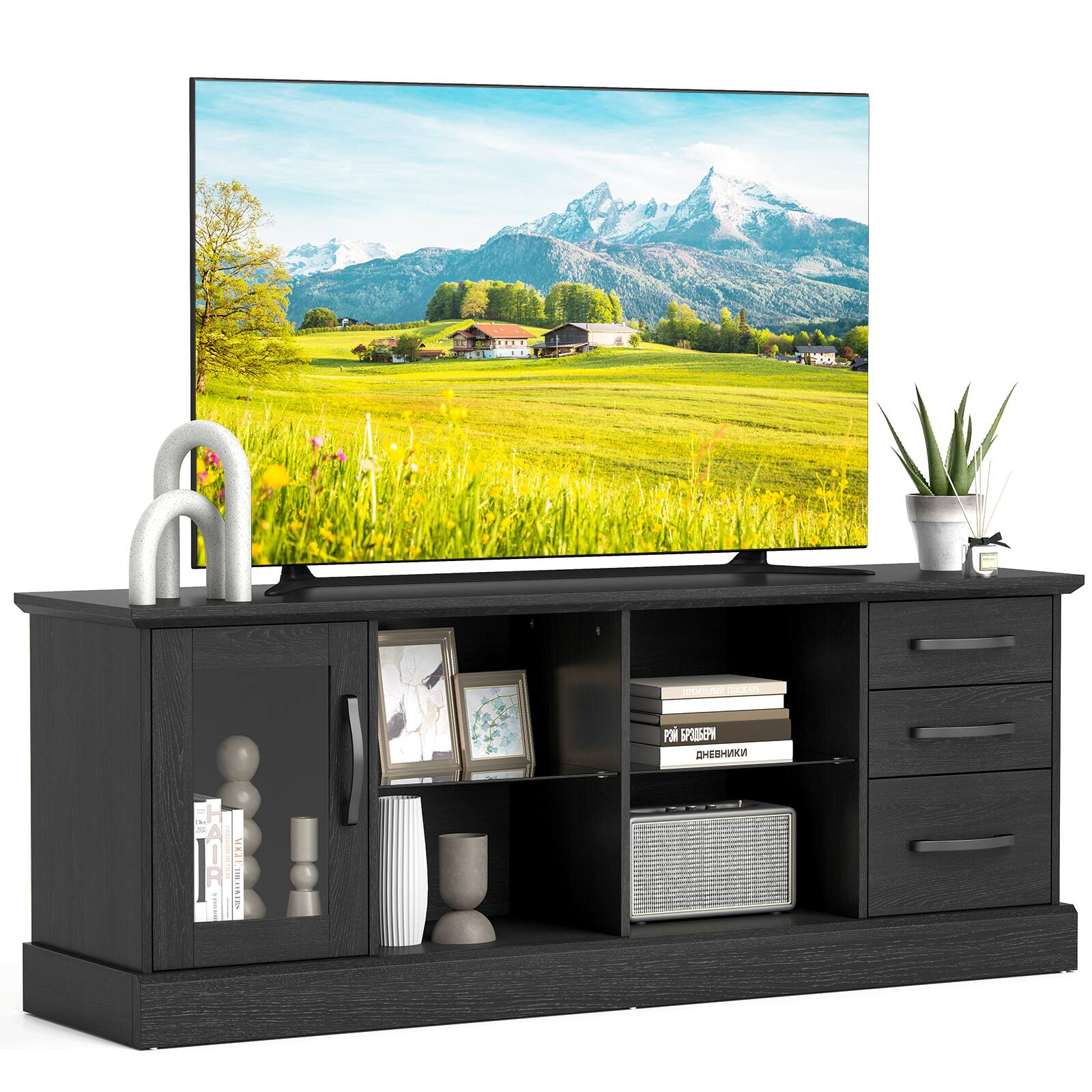 Costway - TV Stand for 73 Inches TVs 63" Entertainment Center with Glass-door Cabinet 3 Drawers - Black