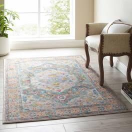 Modway - Success Anisah Distressed Floral Vintage Medallion Area Rug - Gray Ivory Yellow Orange